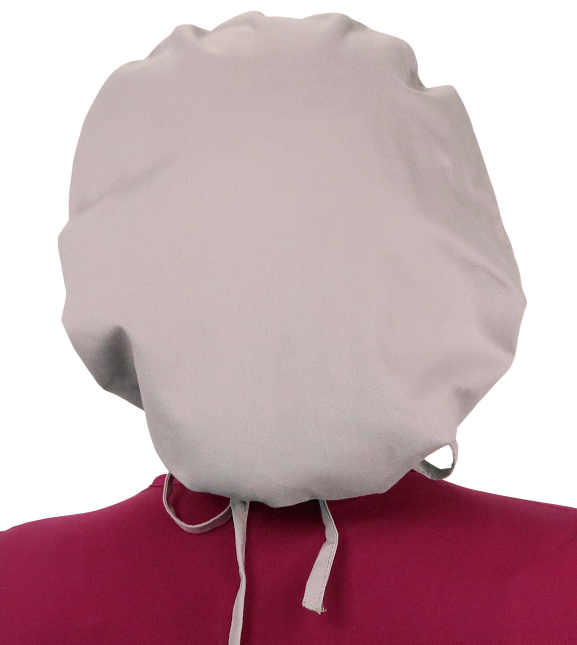 Back Facing Untied View of a Woman Wearing a Tied Back Banded Bouffant Ponytail Surgical Scrub Cap - Solid Light Grey Fabric