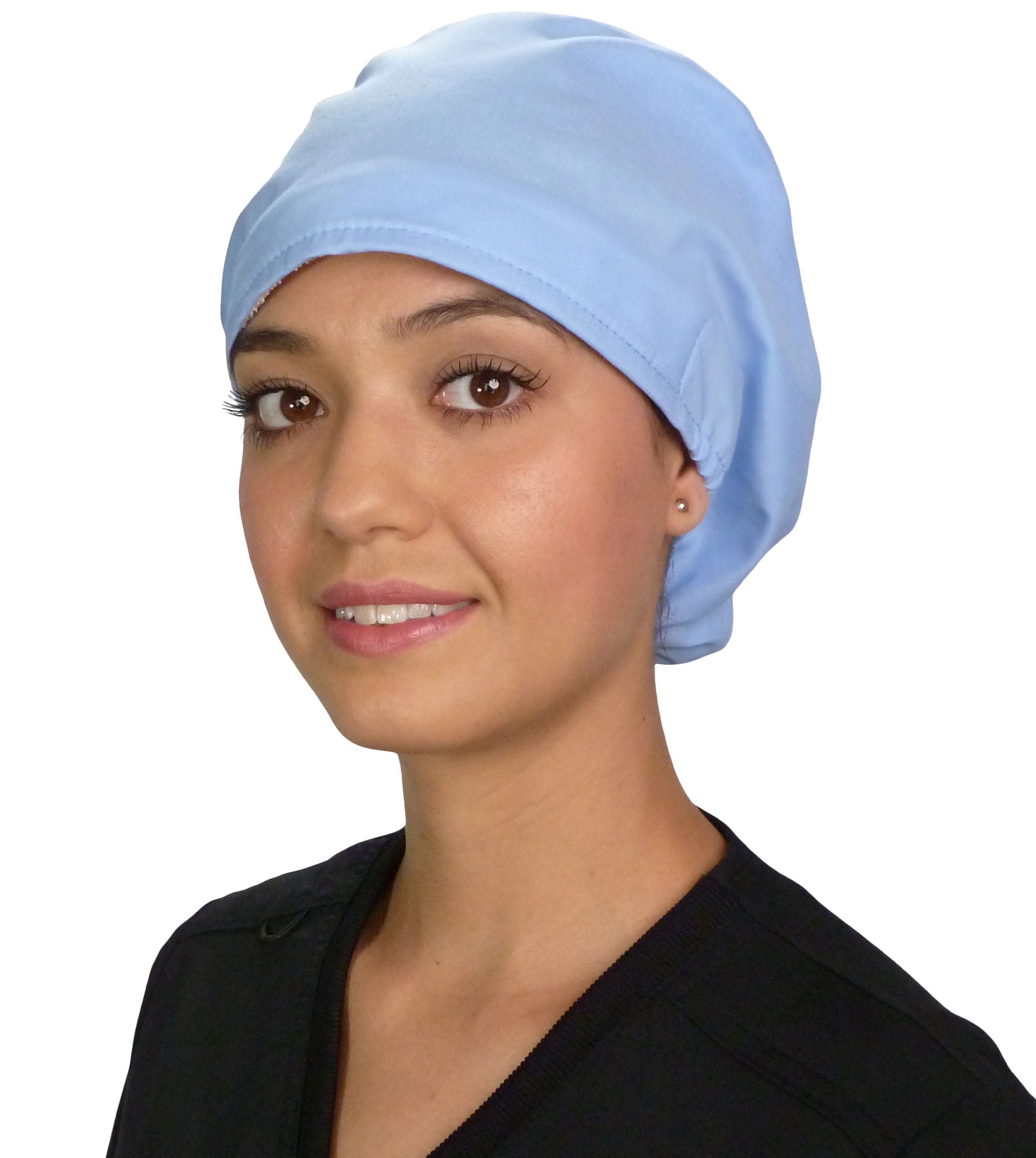 Front facing image of a woman in scrubs wearing a Light Sky Blue Euro Style Riley Comfort Scrub Cap.