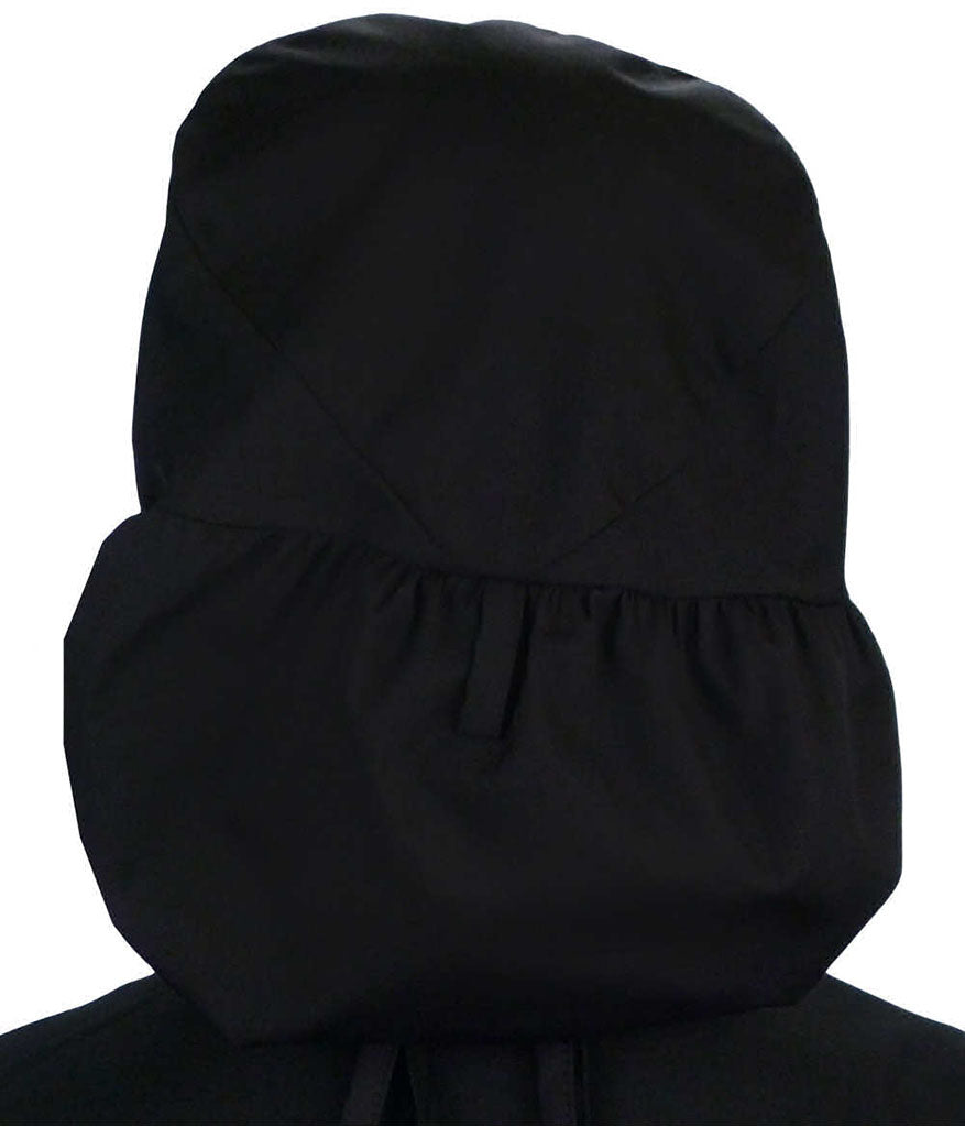 Back facing untied image of a woman in scrubs wearing a Big Hair Ponytail Scrub Cap with a Heart Stethoscope Patch on Black.