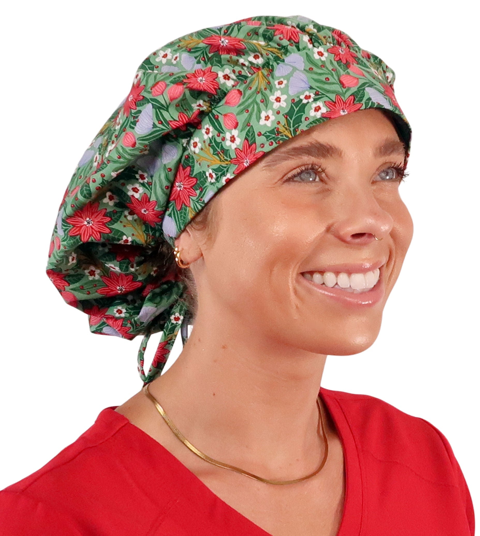 Stylish American Made Banded Bouffant Ponytail Scrub Cap - Poinsettia Party Banded Bouffant Surgical Scrub Caps