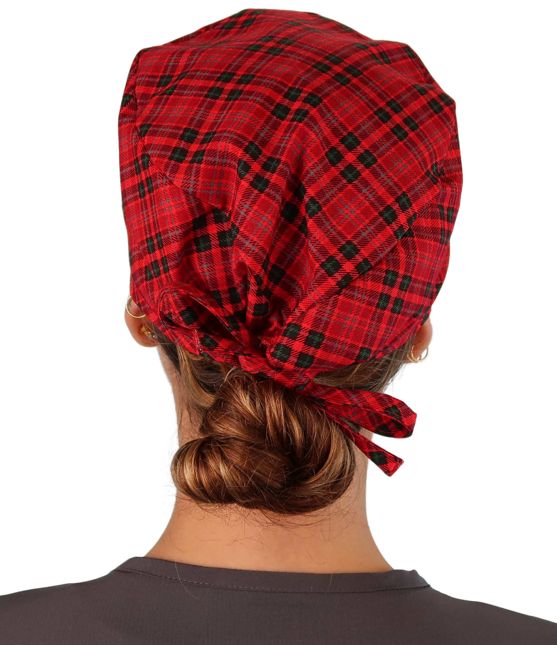 Back Facing View of a Woman Wearing a Classic Cotton Surgical Scrub Cap - Winter Plaid Pattern.