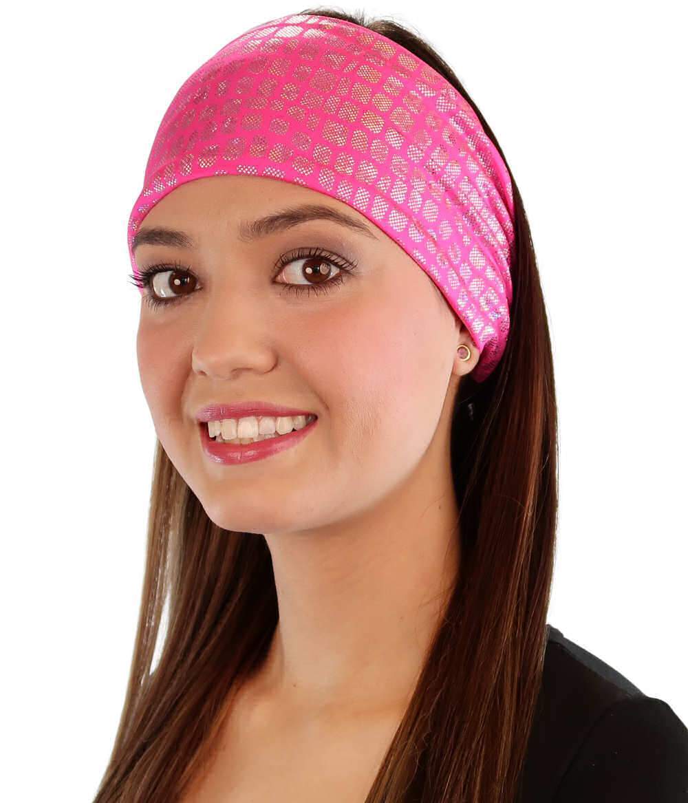 Reversible Stretch Headband – Stylish, Comfortable & USA-Made -  Small Silver Squares on Hot Pink - Stretch Headbands - Sparkling EARTH