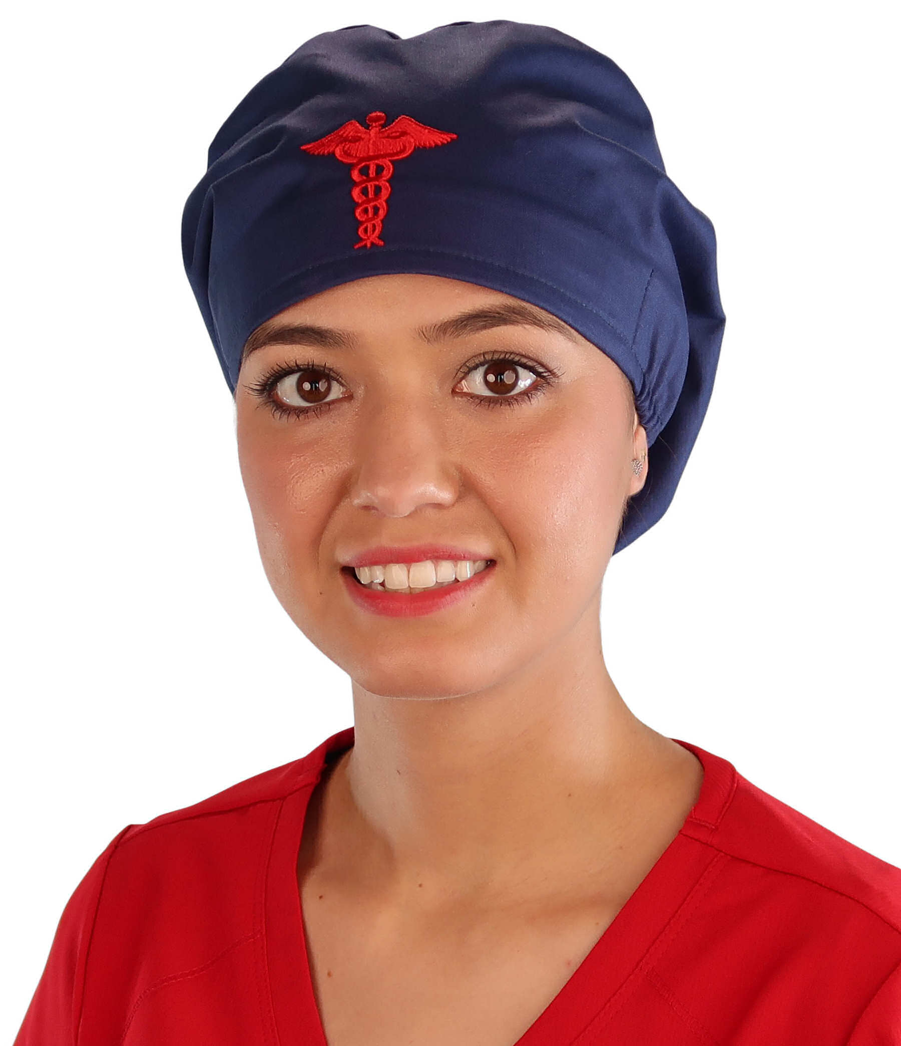 Embellished Euro Style Riley Comfort Scrub Cap - American Made - Red Caduceus Patch on Navy - Riley Comfort Scrub Caps - Sparkling EARTH