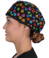 Surgical Scrub Cap - Multi Color Paws with Black Ties