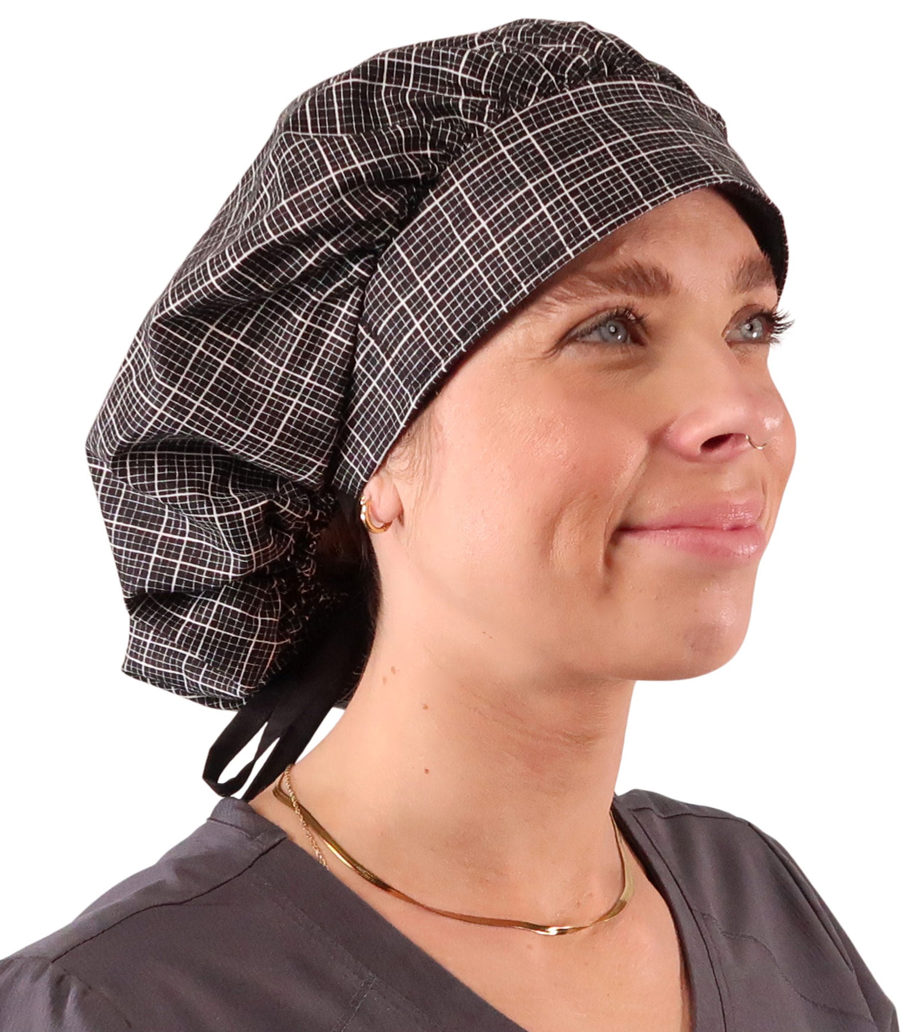 Stylish American Made Banded Bouffant Ponytail Scrub Cap - Check Mate with Black Ties Banded Bouffant Surgical Scrub