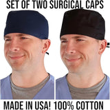 Two Piece Bundle of Solid Black and Navy Blue Unisex Surgical Style Scrub Cap - 100% Cotton - Made in The USA!