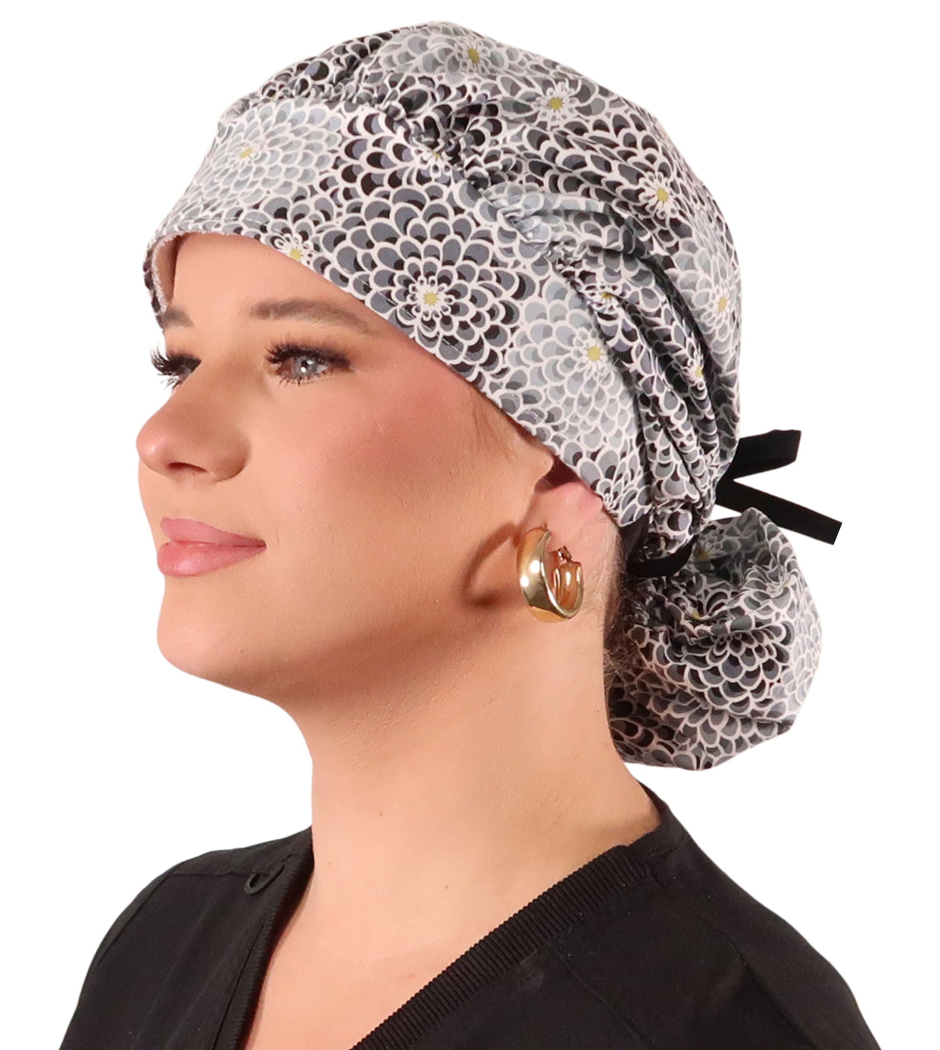 Banded Bouffant Ponytail Scrub Cap Dazzling Dahlias Black & Grey with Black Ties Banded Bouffant Surgical Scrub Caps