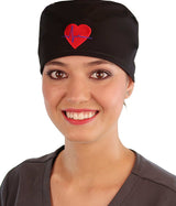 Embellished Surgical Scrub Cap - Black Cap with Medical Heart Patch