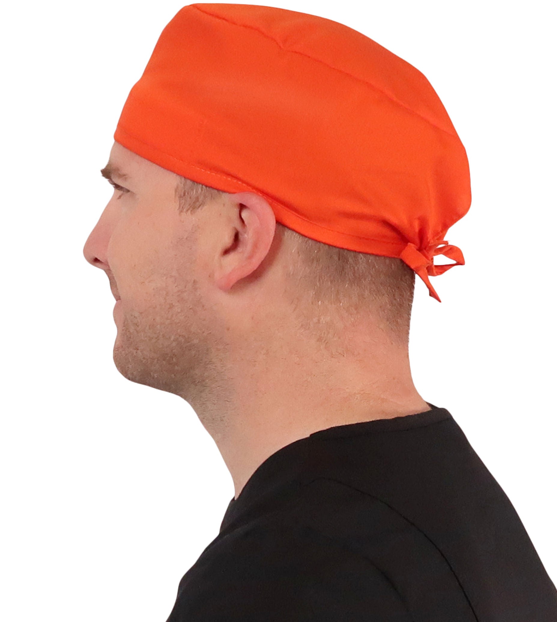 Side Facing View of a Man Wearing a Classic Cotton Surgical Scrub Cap - Blaze Orange Fabric.