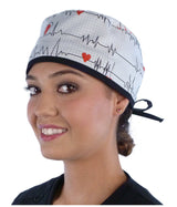 Surgical Scrub Cap - Heartbeats on White with Black Ties