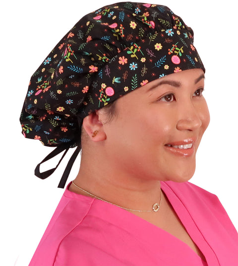 Banded Bouffant Surgical Scrub Cap - Wildflower Wonders with Black Ties