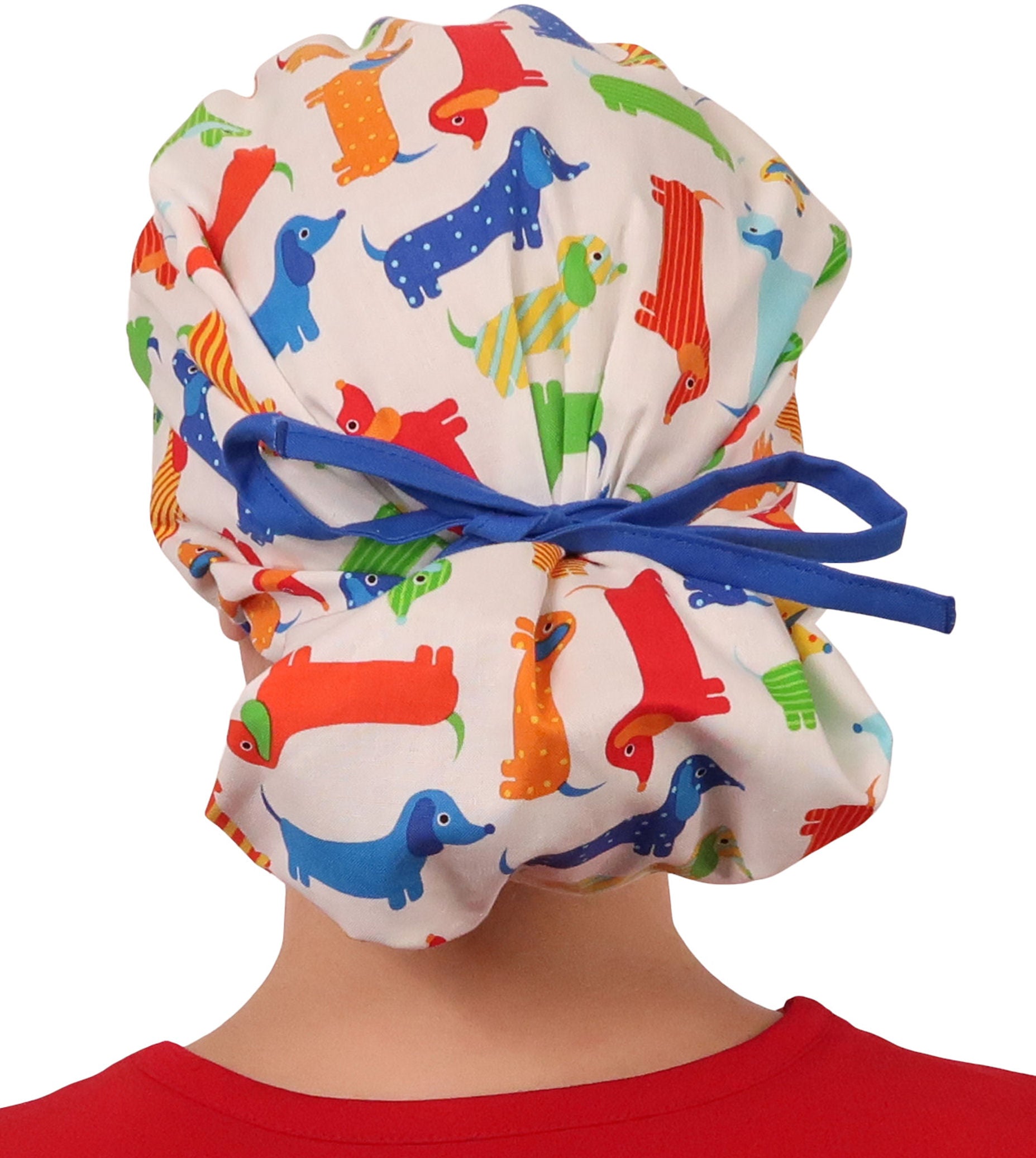 Back Facing Tied View of a Woman Wearing a Banded Bouffant Ponytail Surgical Scrub Cap - Wiener Dogs Pattern with a Royal Band and Ties 