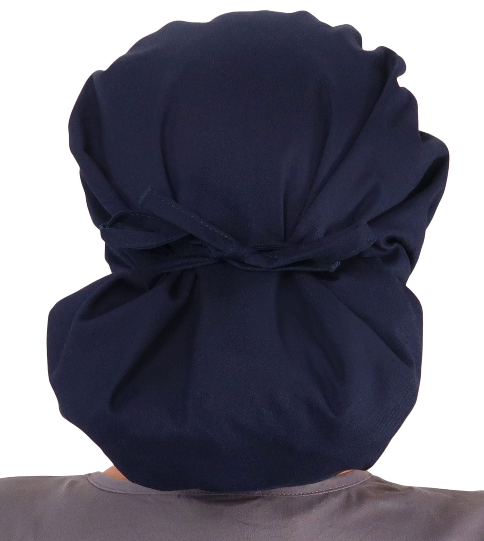 Back Facing Tied View of a Woman Wearing a Tied Back Banded Bouffant Ponytail Surgical Scrub Cap - Solid Navy Fabric