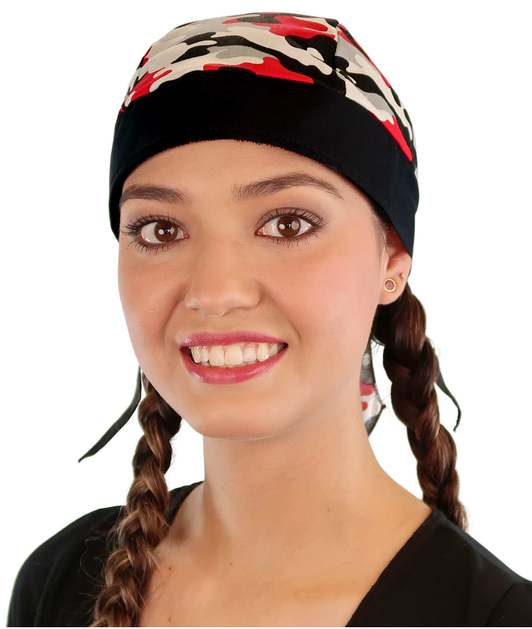 Breathable Cotton Skull Caps: Perfect for Any Activity - Red Grey Black & White Camouflage with Black Ties Classic