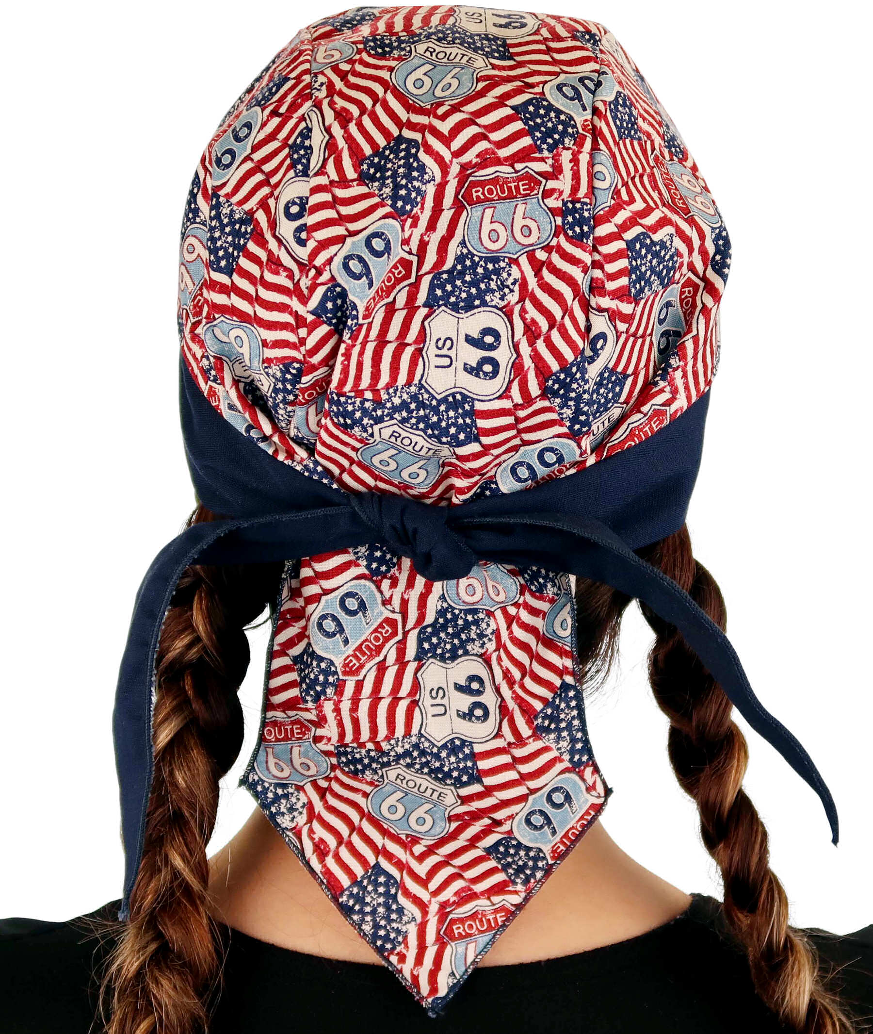 Breathable Cotton Skull Caps: Perfect for Any Activity  - Patriotic Route 66 Flags with Navy Band - Classic Skull Caps - Sparkling EARTH