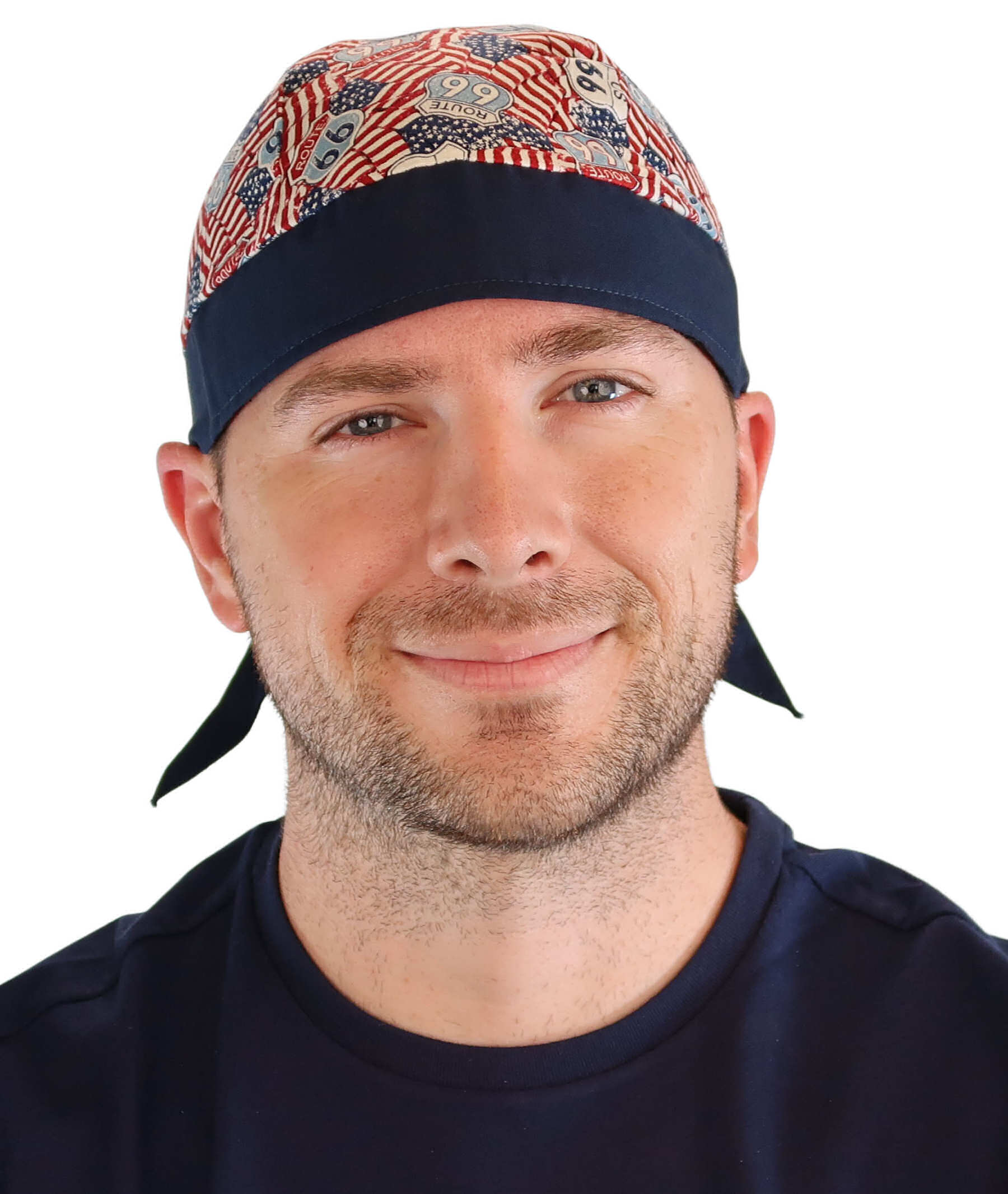 Breathable Cotton Skull Caps: Perfect for Any Activity  - Patriotic Route 66 Flags with Navy Band - Classic Skull Caps - Sparkling EARTH