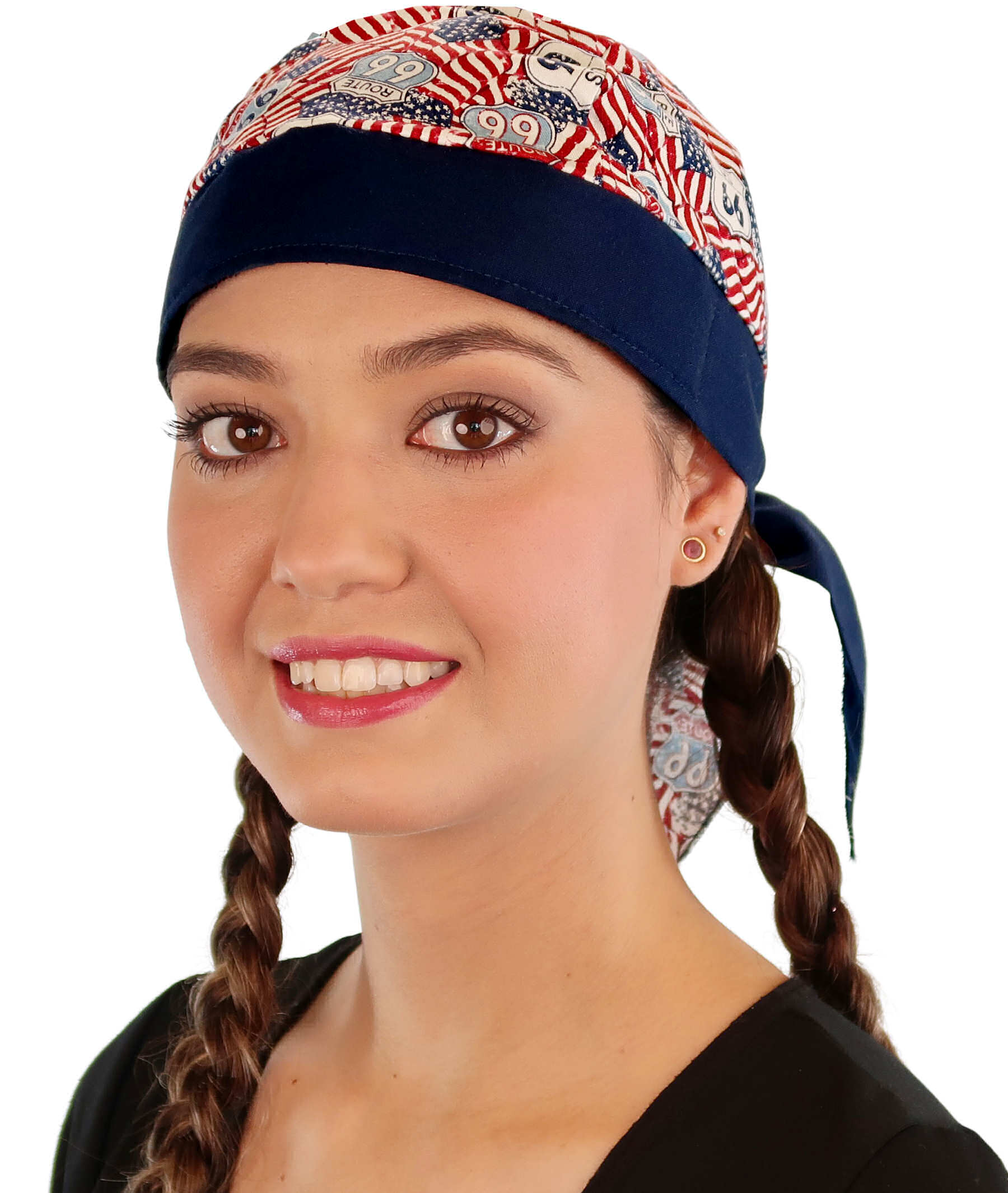 Breathable Cotton Skull Caps: Perfect for Any Activity  - Patriotic Route 66 Flags with Navy Band - Classic Skull Caps - Sparkling EARTH