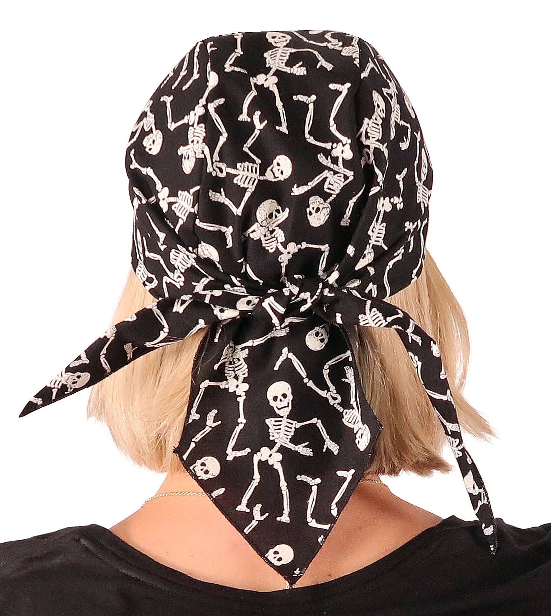 Back Facing View of a man wearing a classic Skull Cap in Dancing Skeletons (Glow In The Dark) pattern    