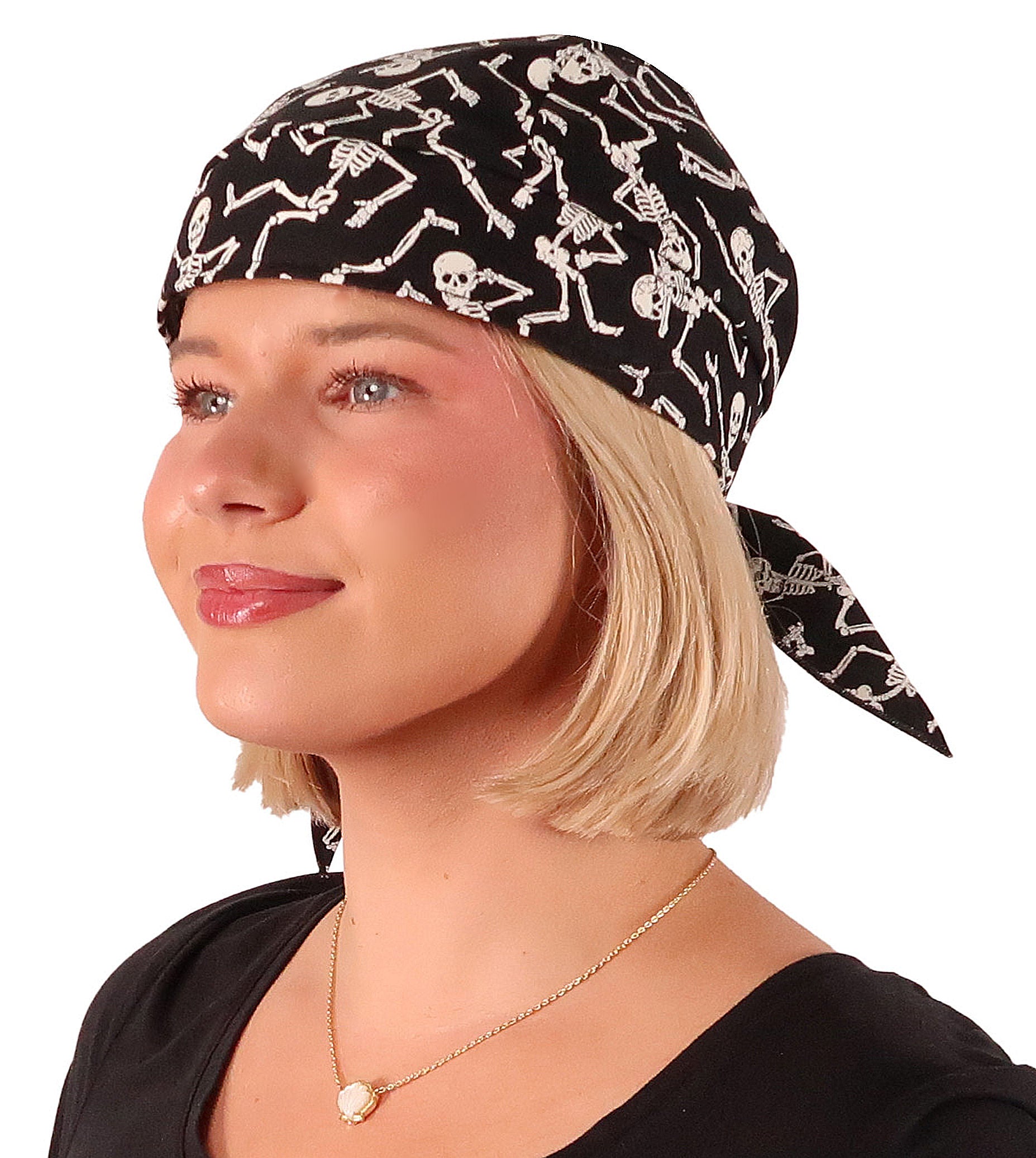Front Facing View of a man wearing a classic Skull Cap in Dancing Skeletons (Glow In The Dark) pattern    