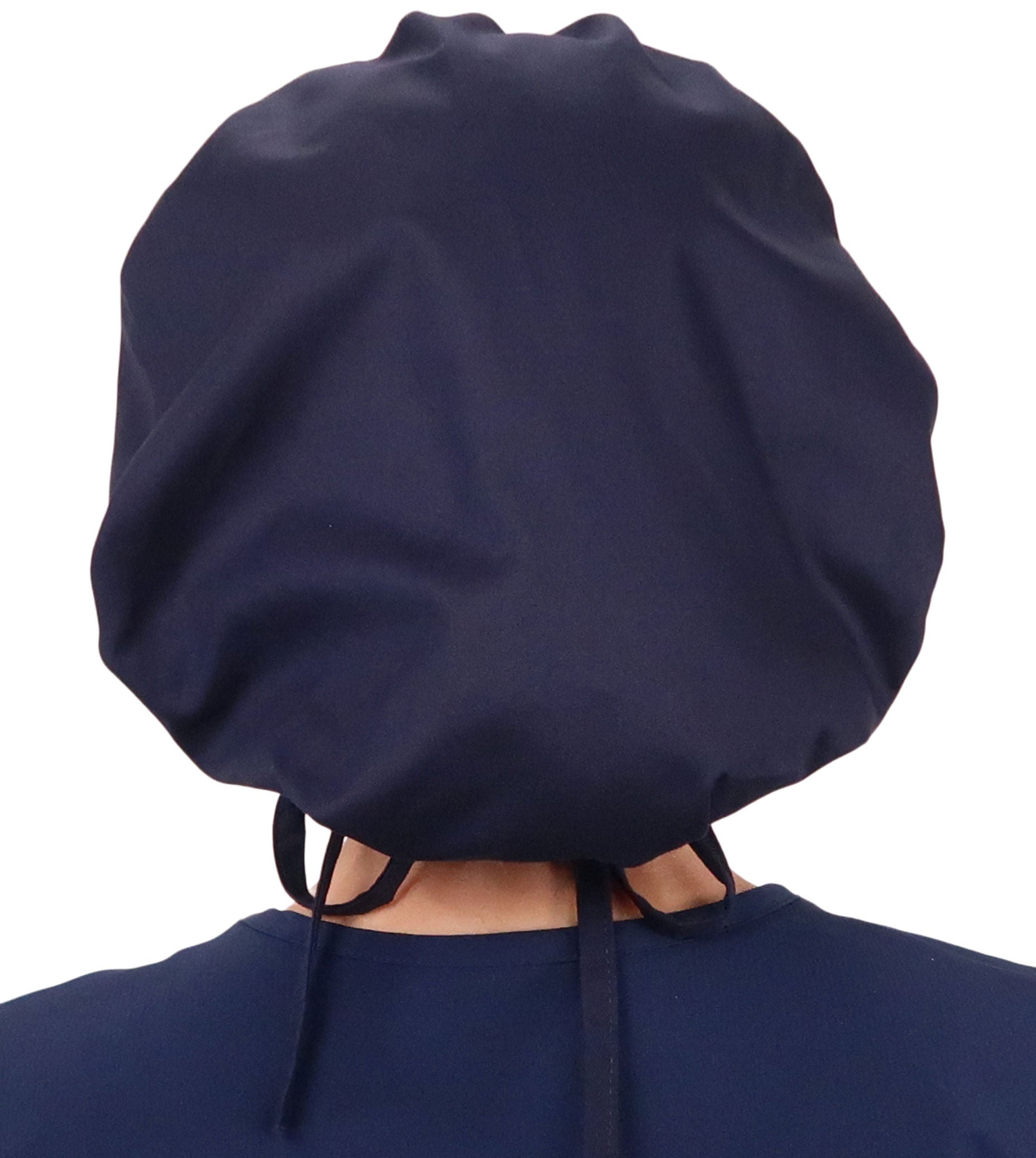 Back Facing Untied View of a Woman Wearing a Banded Bouffant Ponytail Surgical Scrub Cap - Superhero in Scrubs on Navy Fabric 