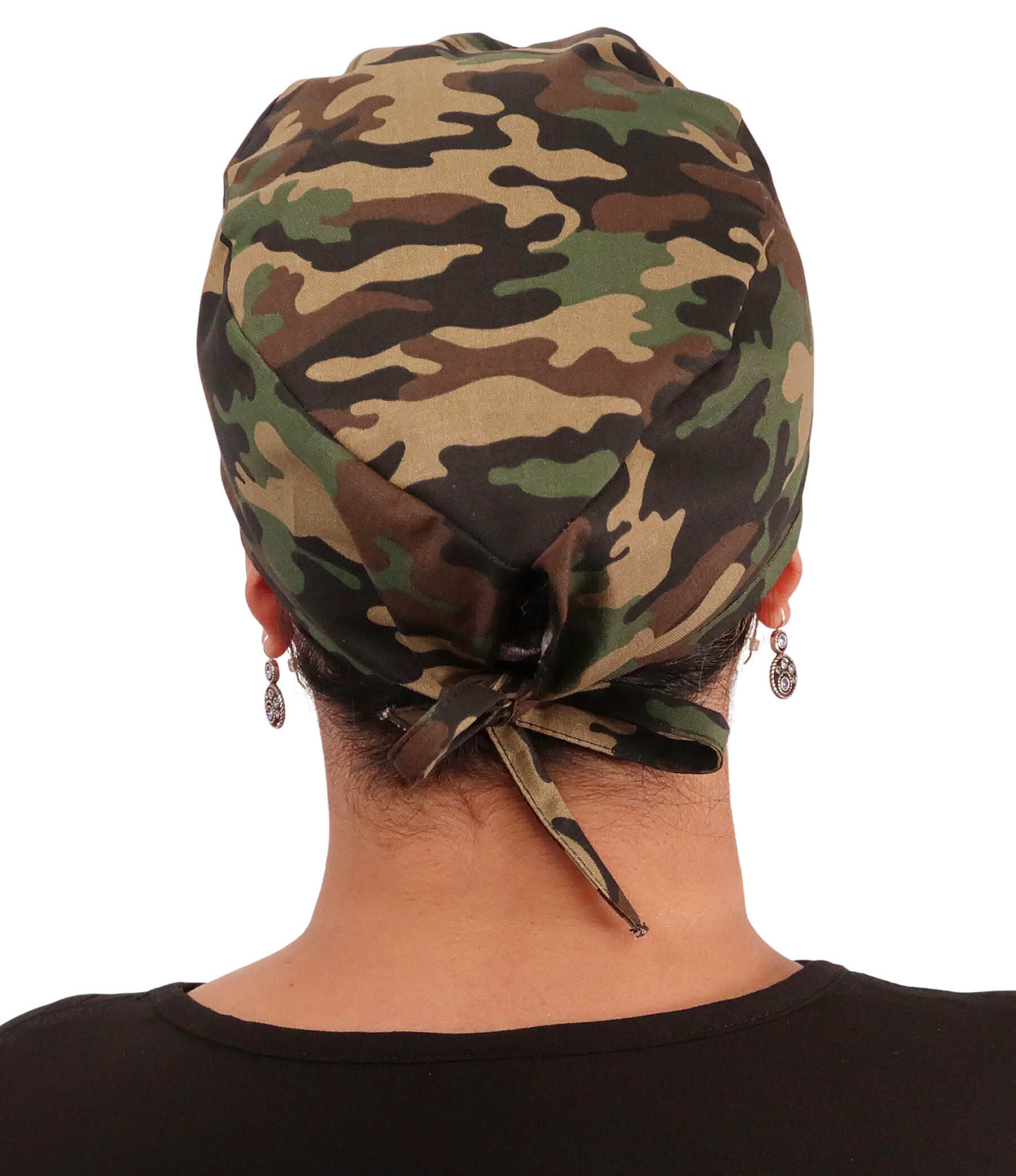 Back Facing View of a Woman Wearing a Classic Cotton Surgical Scrub Cap - Woodland Camo Pattern