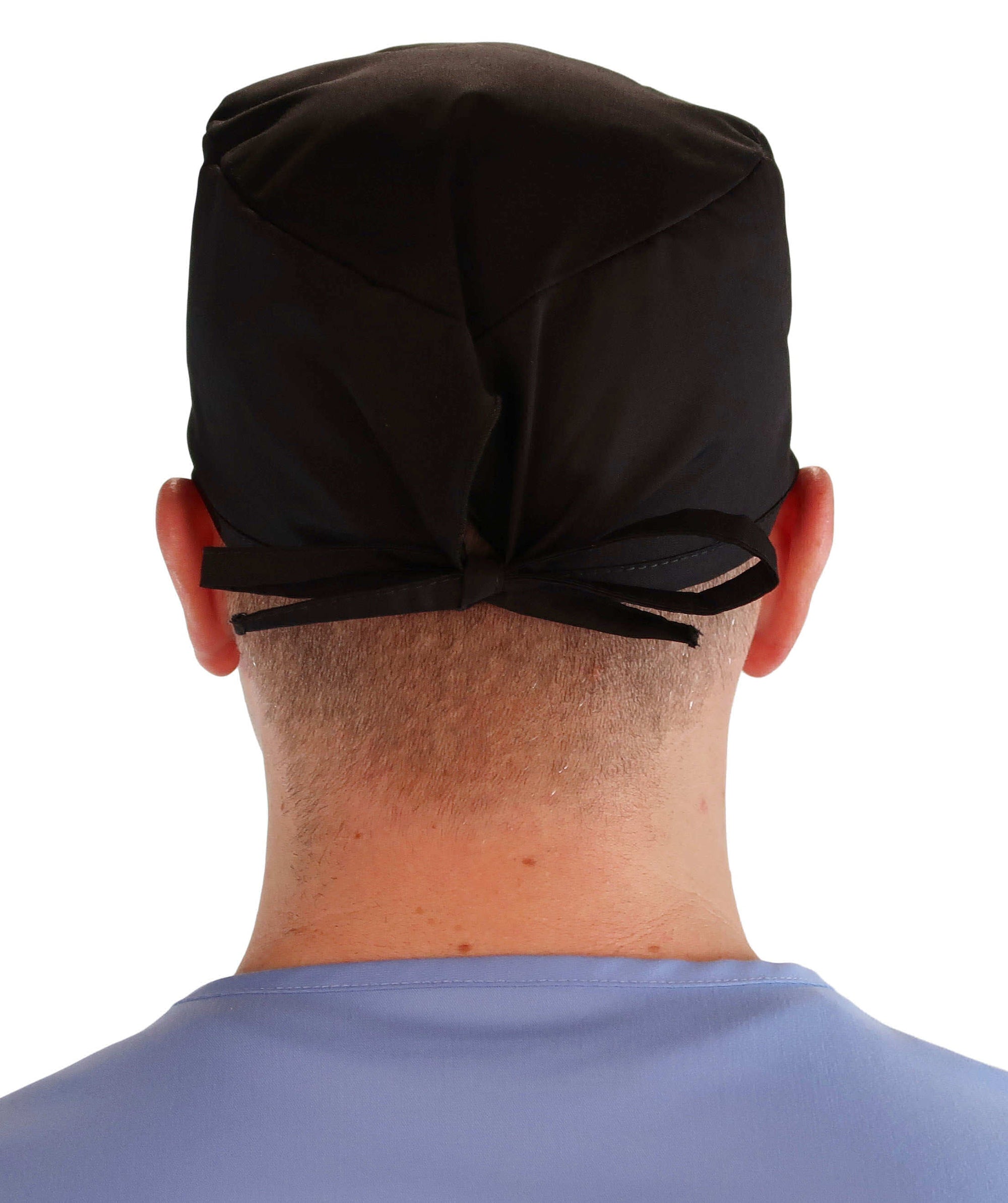 Back Facing View of a Man Wearing a Classic Cotton Surgical Scrub Cap - Black Scrub Cap