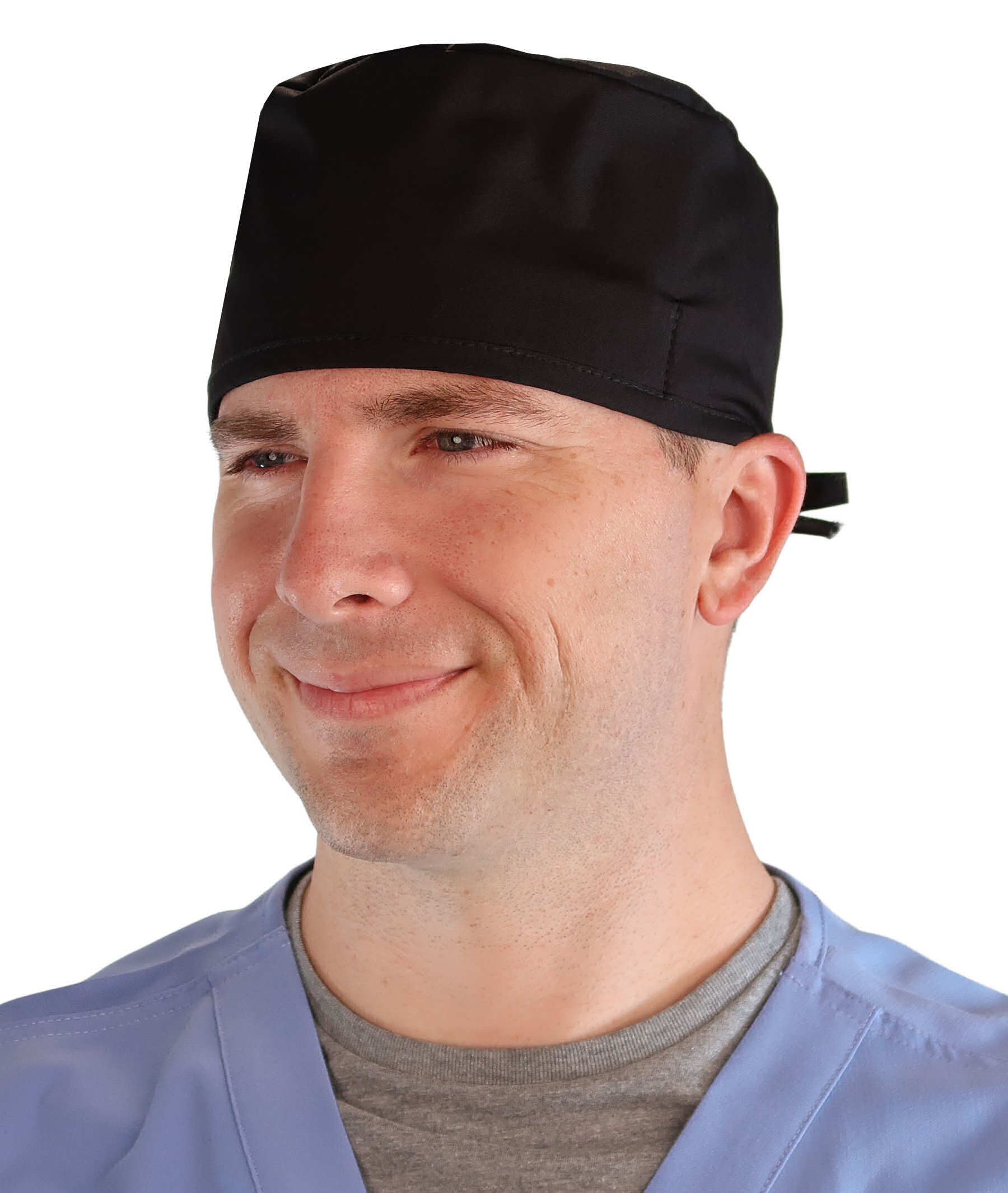 Front Facing View of a Man Wearing a Classic Cotton Surgical Scrub Cap - Black Scrub Cap