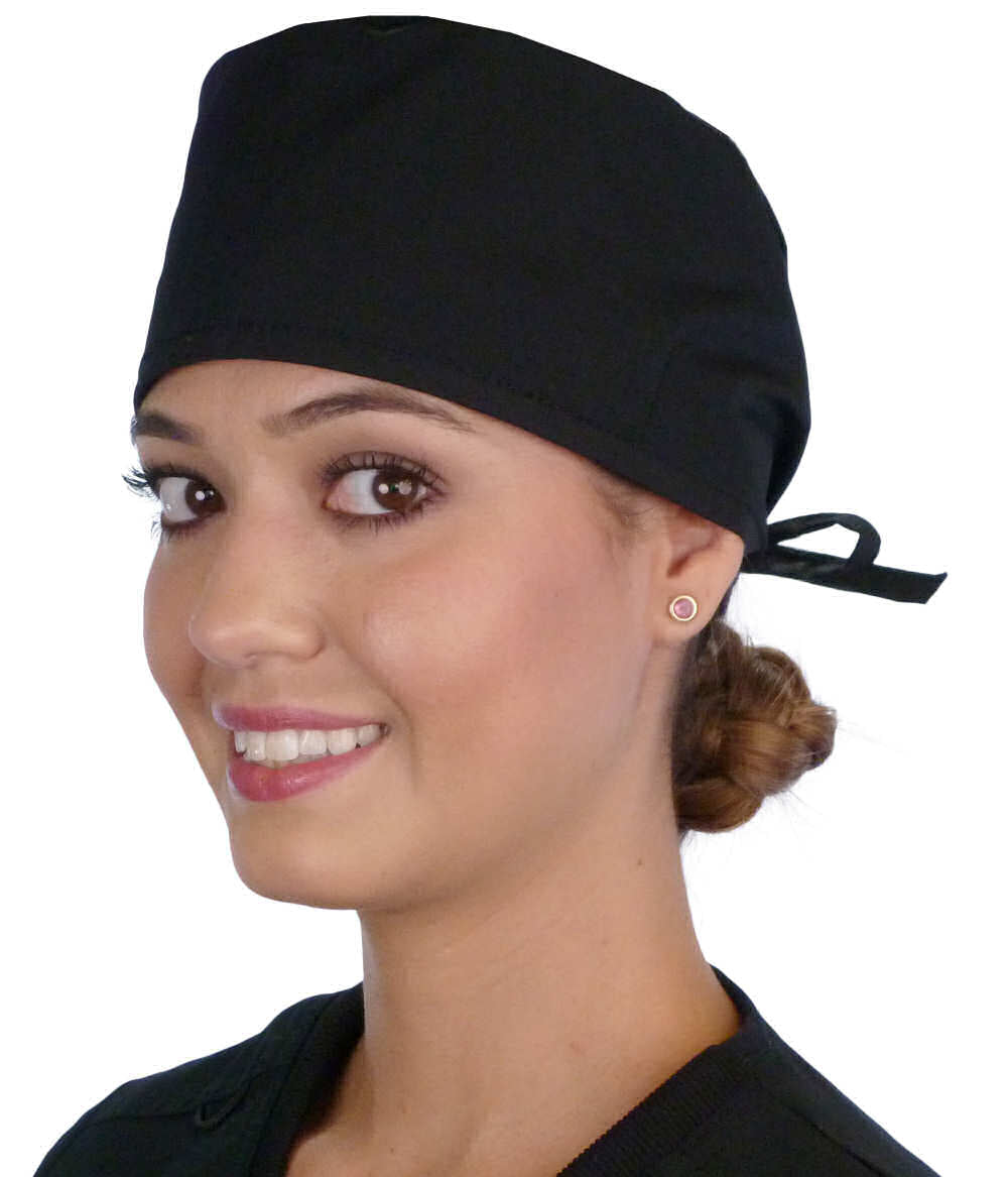 Front Facing View of a Woman Wearing a Classic Cotton Surgical Scrub Cap - Black Scrub Cap