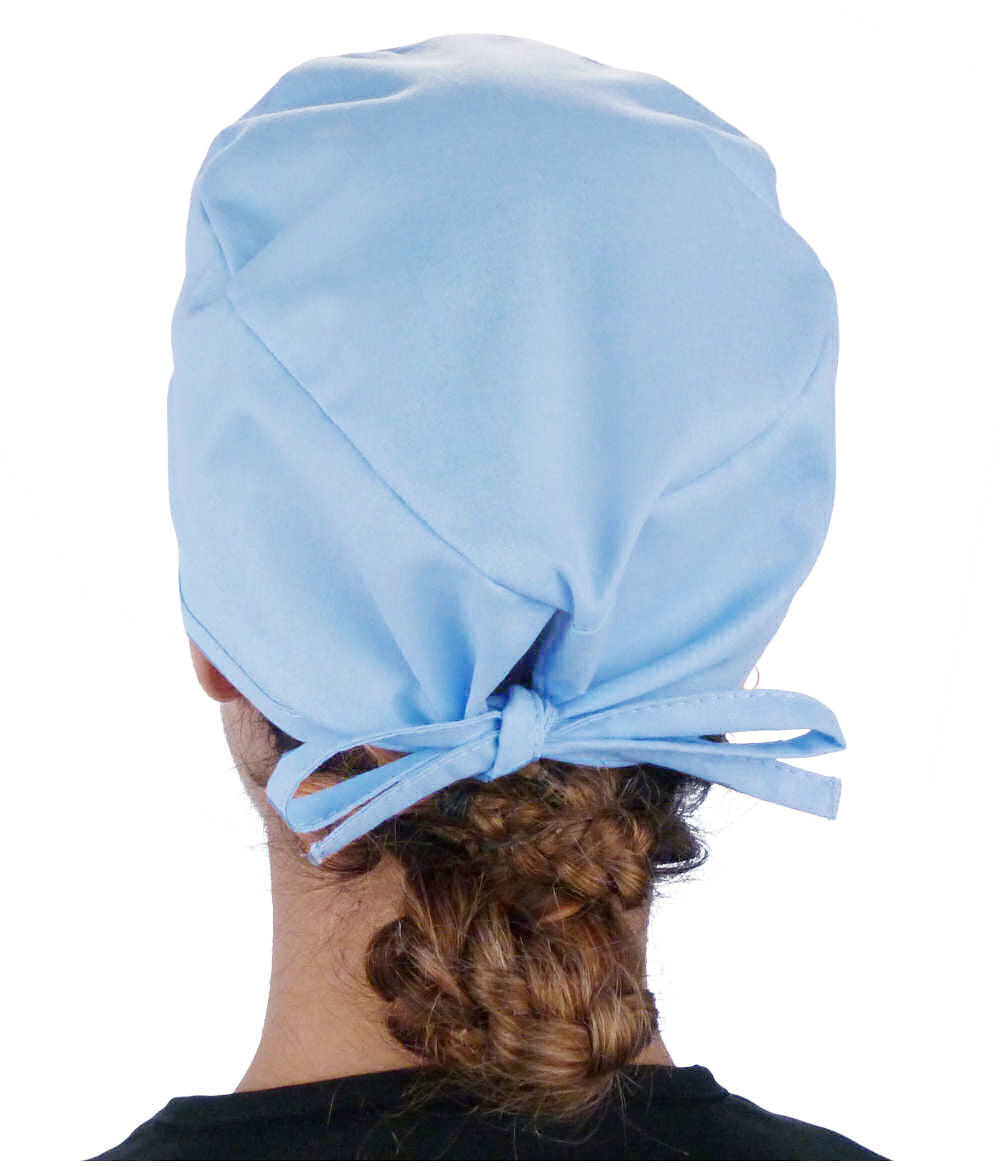 Back Facing View of a Woman Wearing a Classic Cotton Surgical Scrub Cap - Solid Sky Light Scrub Cap