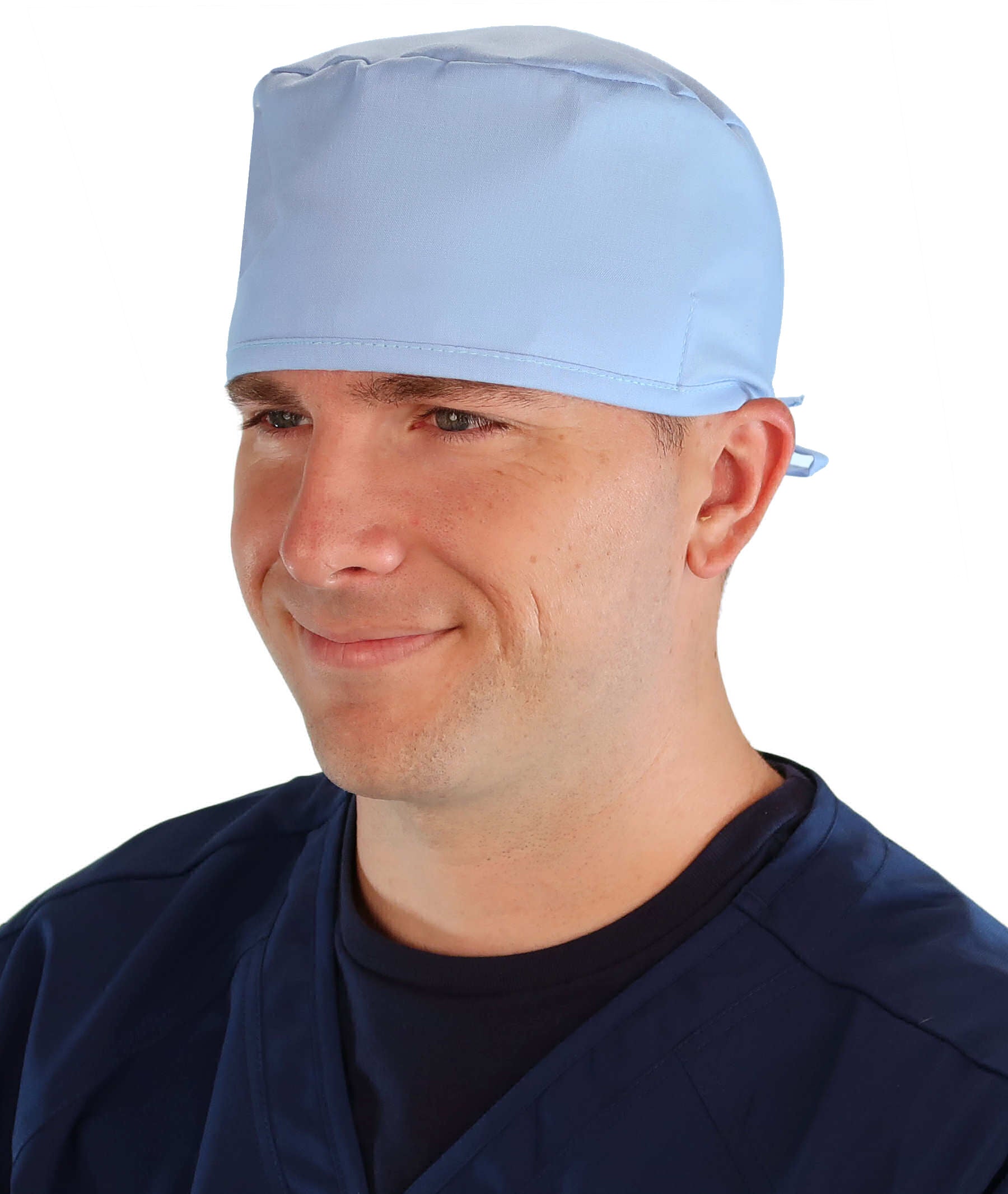 Front Facing View of a Man Wearing a Classic Cotton Surgical Scrub Cap - Solid Sky Light Scrub Cap