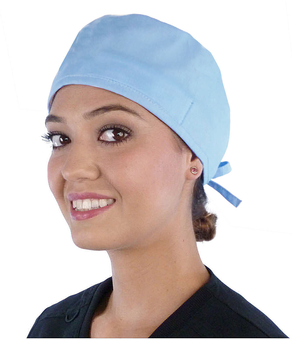 Front Facing View of a Woman Wearing a Classic Cotton Surgical Scrub Cap - Solid Sky Light Scrub Cap