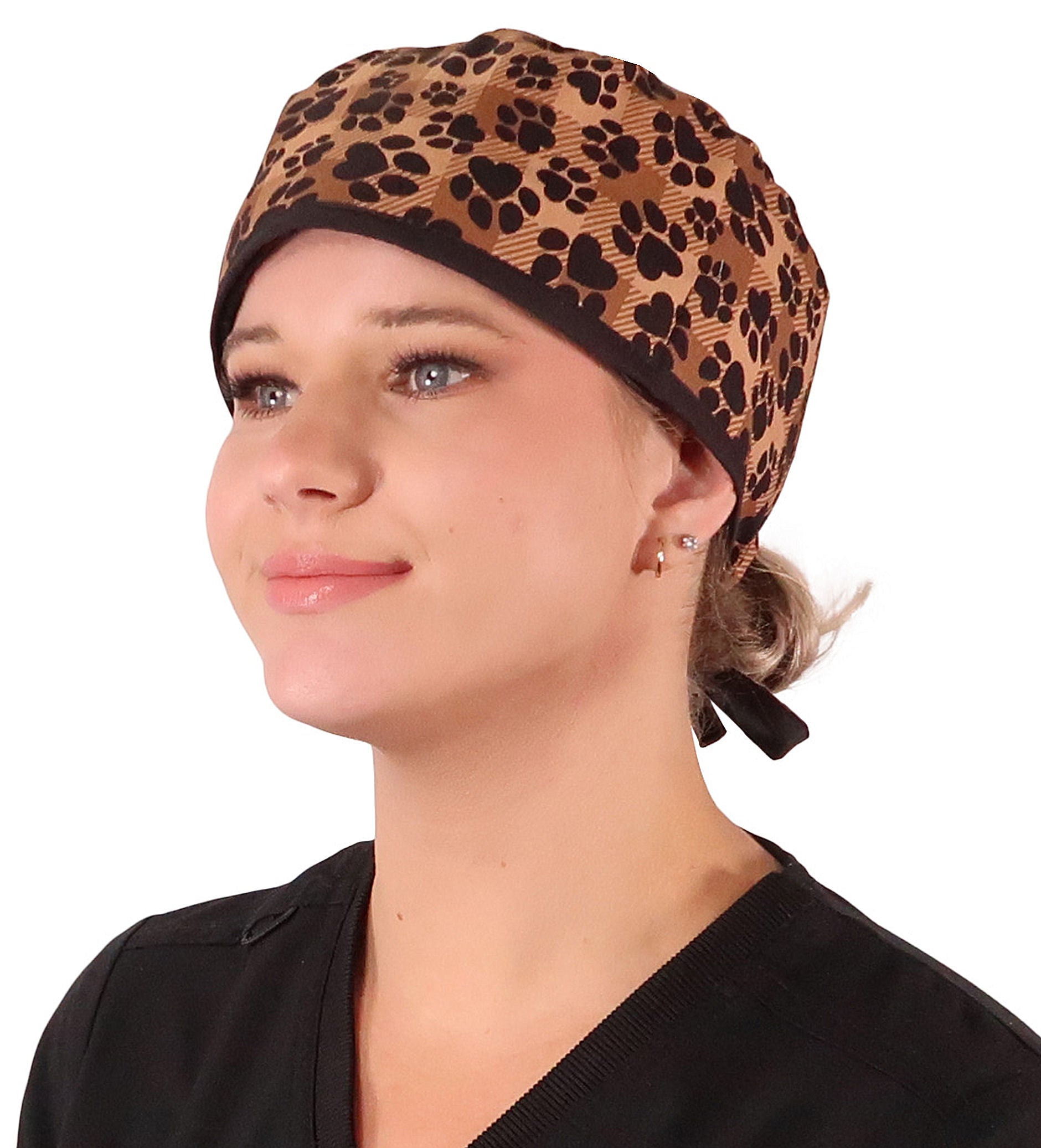 Front Facing View of a Woman Wearing a Classic Cotton Surgical Scrub Cap - Plentiful Paws on Brown Plaid with Black Ties Pattern.