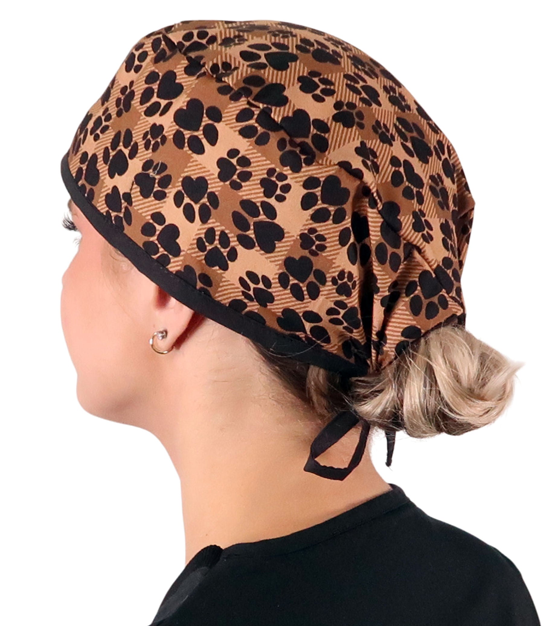 Side Facing View of a Woman Wearing a Classic Cotton Surgical Scrub Cap - Plentiful Paws on Brown Plaid with Black Ties Pattern.