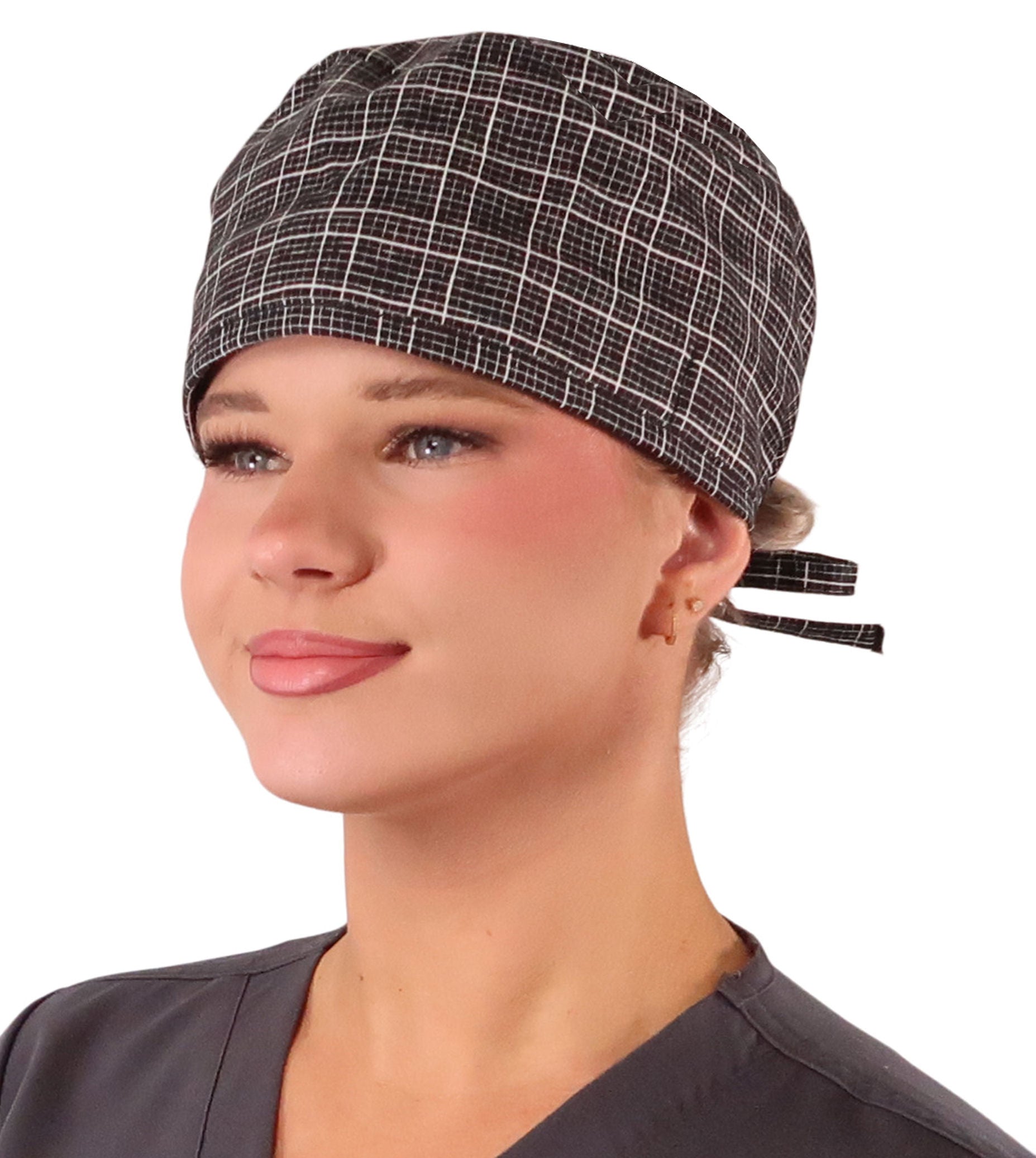 Front Facing View of a Woman Wearing a Classic Cotton Surgical Scrub Cap - Check Mate (Black and White) Pattern.