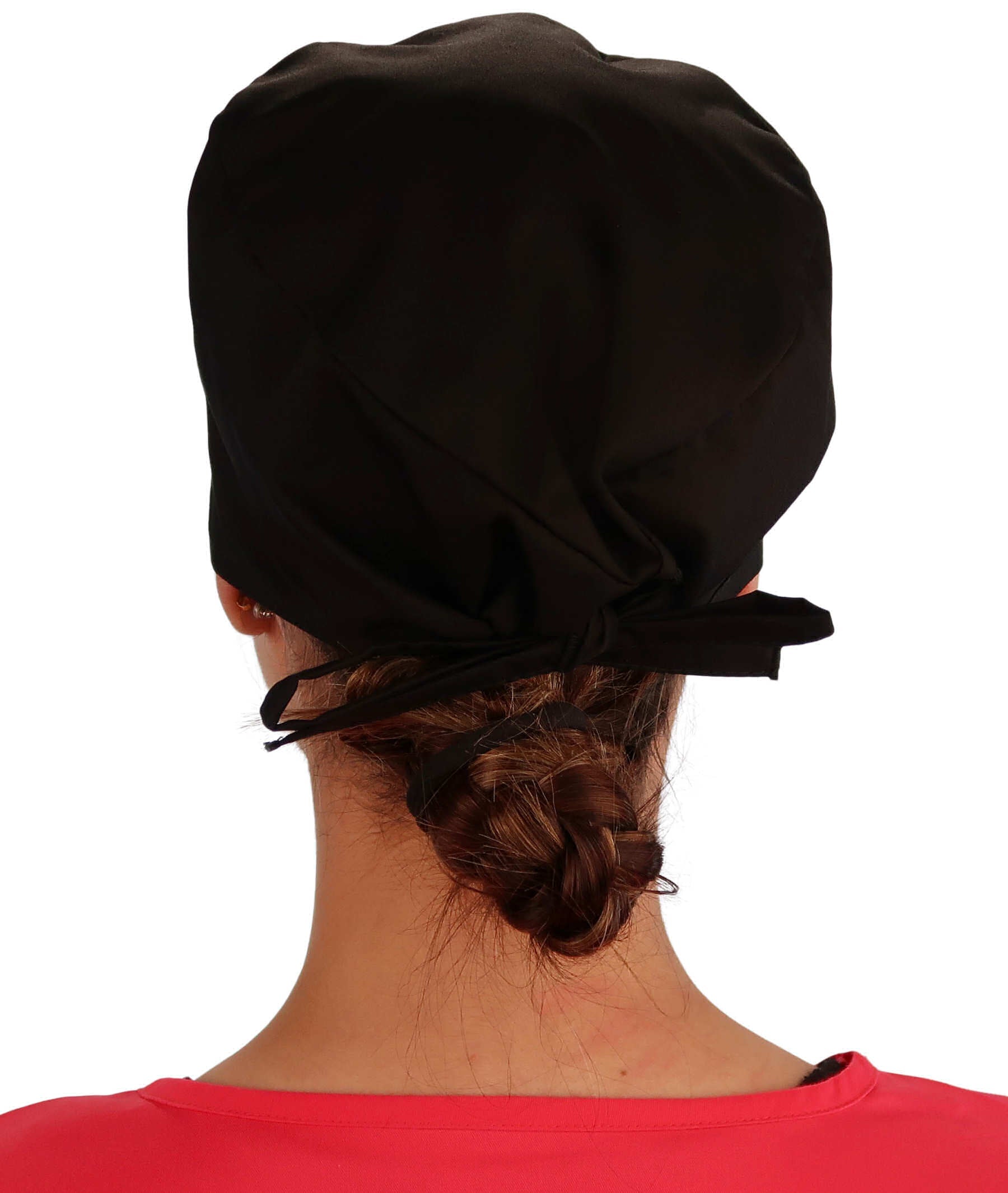 Back Facing View of a Woman Wearing a Classic Cotton Surgical Scrub Cap - Black Fabric with Pink Butterfly Patch.