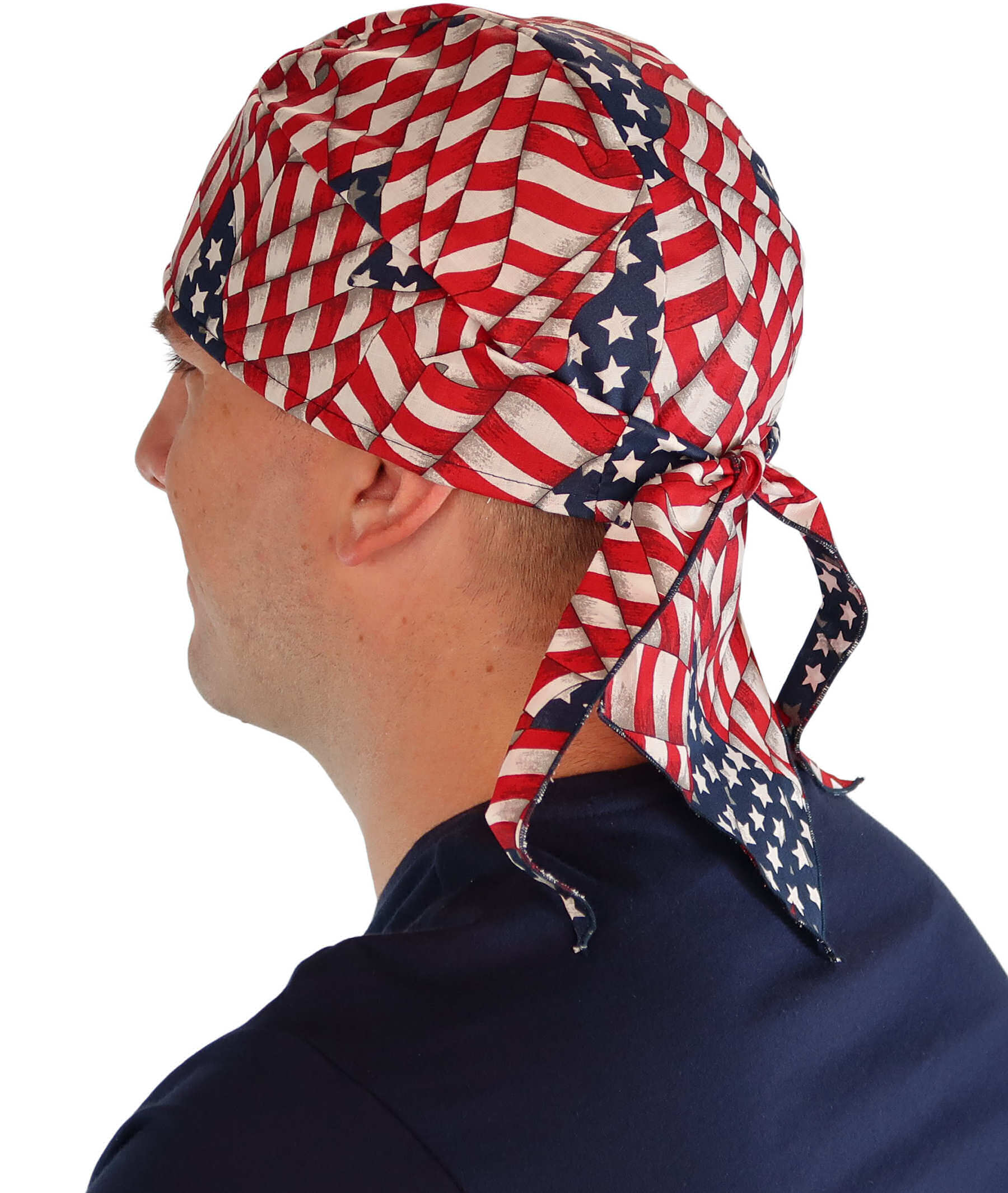 Deluxe Extra Deep Skull Cap – Terry Sweatband Adjustable Fit - Made in USA - Stars and Stripes Deluxe Skull Caps