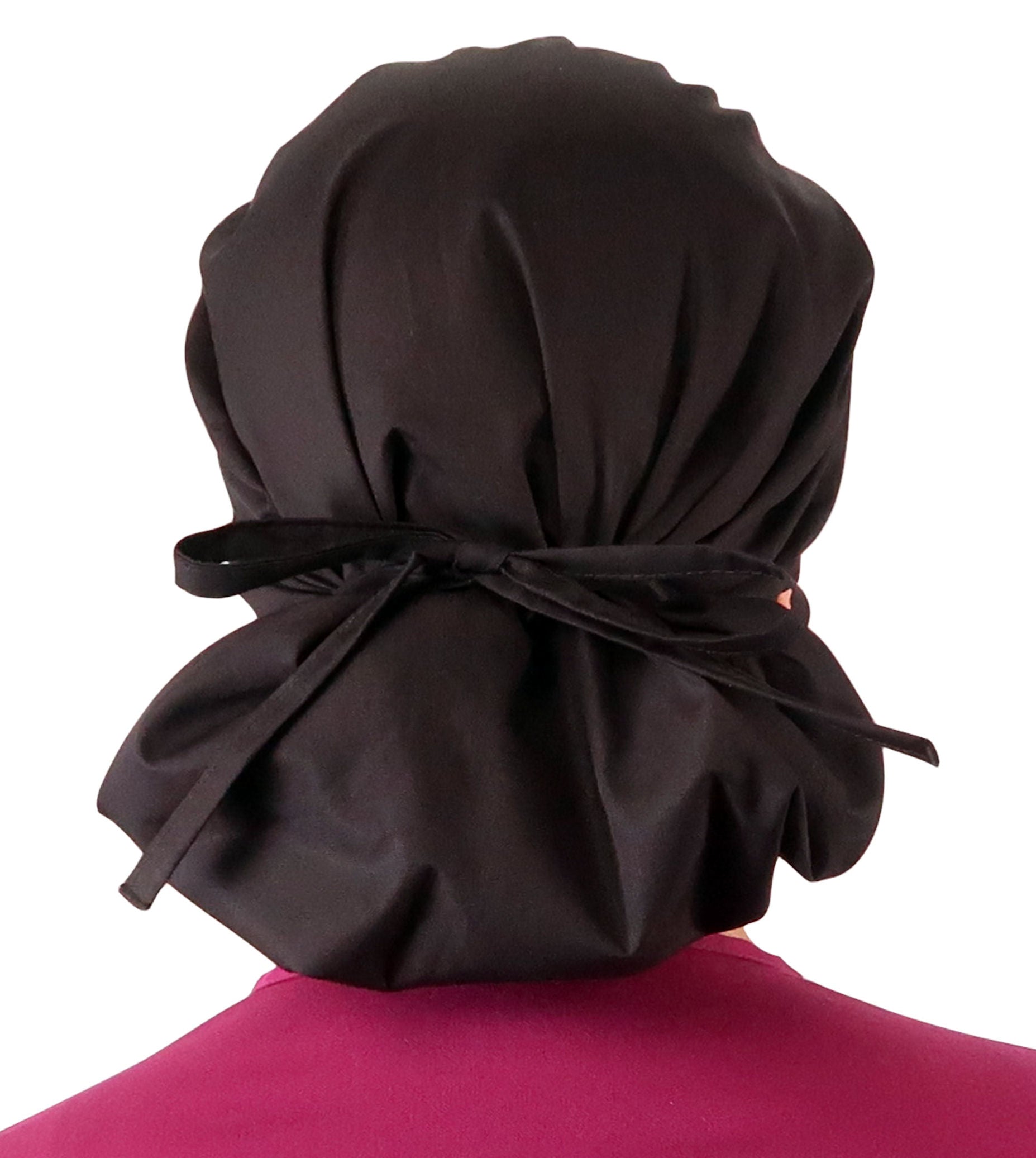 Back Facing Tied View of a Woman Wearing a Tied Back Banded Bouffant Ponytail Surgical Scrub Cap - Solid Black Fabric