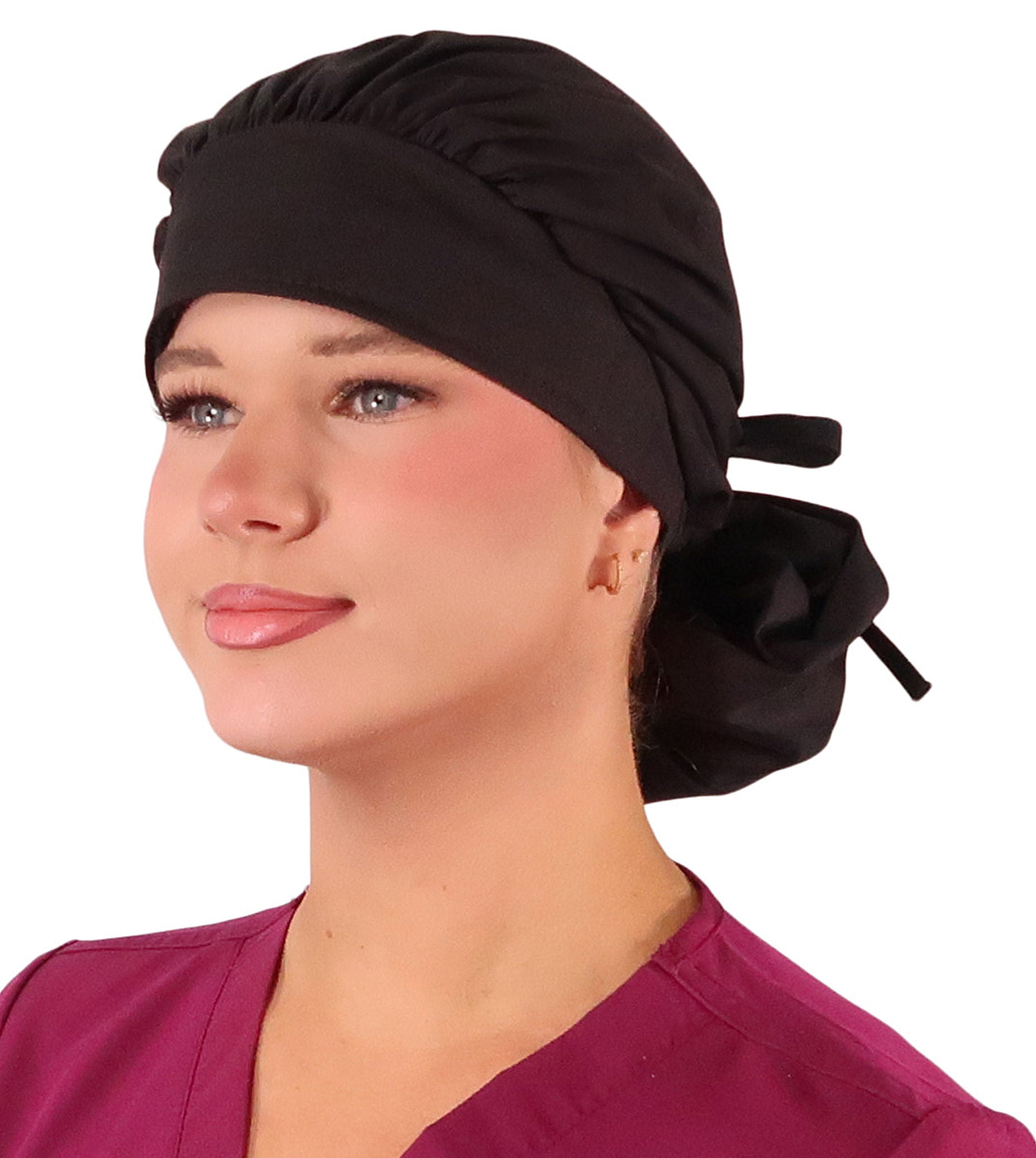 Front Facing Tied View of a Woman Wearing a Tied Back Banded Bouffant Ponytail Surgical Scrub Cap - Solid Black Fabric