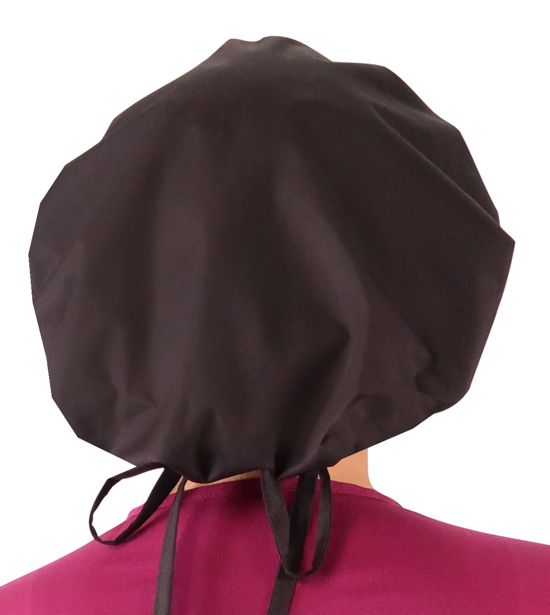 Back Facing Untied View of a Woman Wearing a Tied Back Banded Bouffant Ponytail Surgical Scrub Cap - Solid Black Fabric