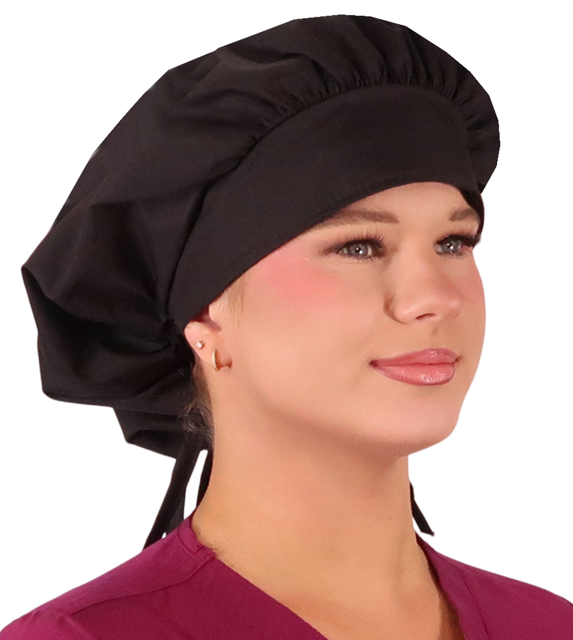 Front Facing Untied View of a Woman Wearing a Tied Back Banded Bouffant Ponytail Surgical Scrub Cap - Solid Black Fabric