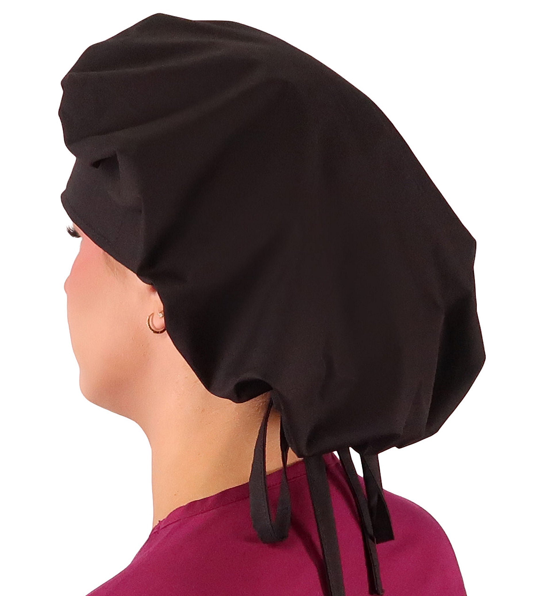 Side Facing Untied View of a Woman Wearing a Tied Back Banded Bouffant Ponytail Surgical Scrub Cap - Solid Black Fabric