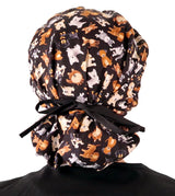 Stylish American Made Banded Bouffant Ponytail Scrub Cap - Puppy Parade with Black Ties