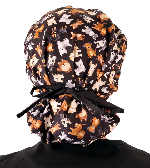 Stylish American Made Banded Bouffant Ponytail Scrub Cap - Puppy Parade with Black Ties