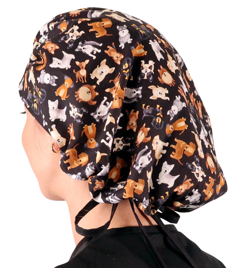 Stylish American Made Banded Bouffant Ponytail Scrub Cap - Puppy Parade with Black Ties