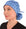 Front Facing View of a Woman Wearing a Bouffant Ponytail Scrub Cap - Golden Metallic Blue Blossoms Banded Bouffant Ponytail Surgical Scrub Caps Pattern