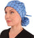 Front Facing View of a Woman Wearing a Bouffant Ponytail Scrub Cap - Golden Metallic Blue Blossoms Banded Bouffant Ponytail Surgical Scrub Caps Pattern