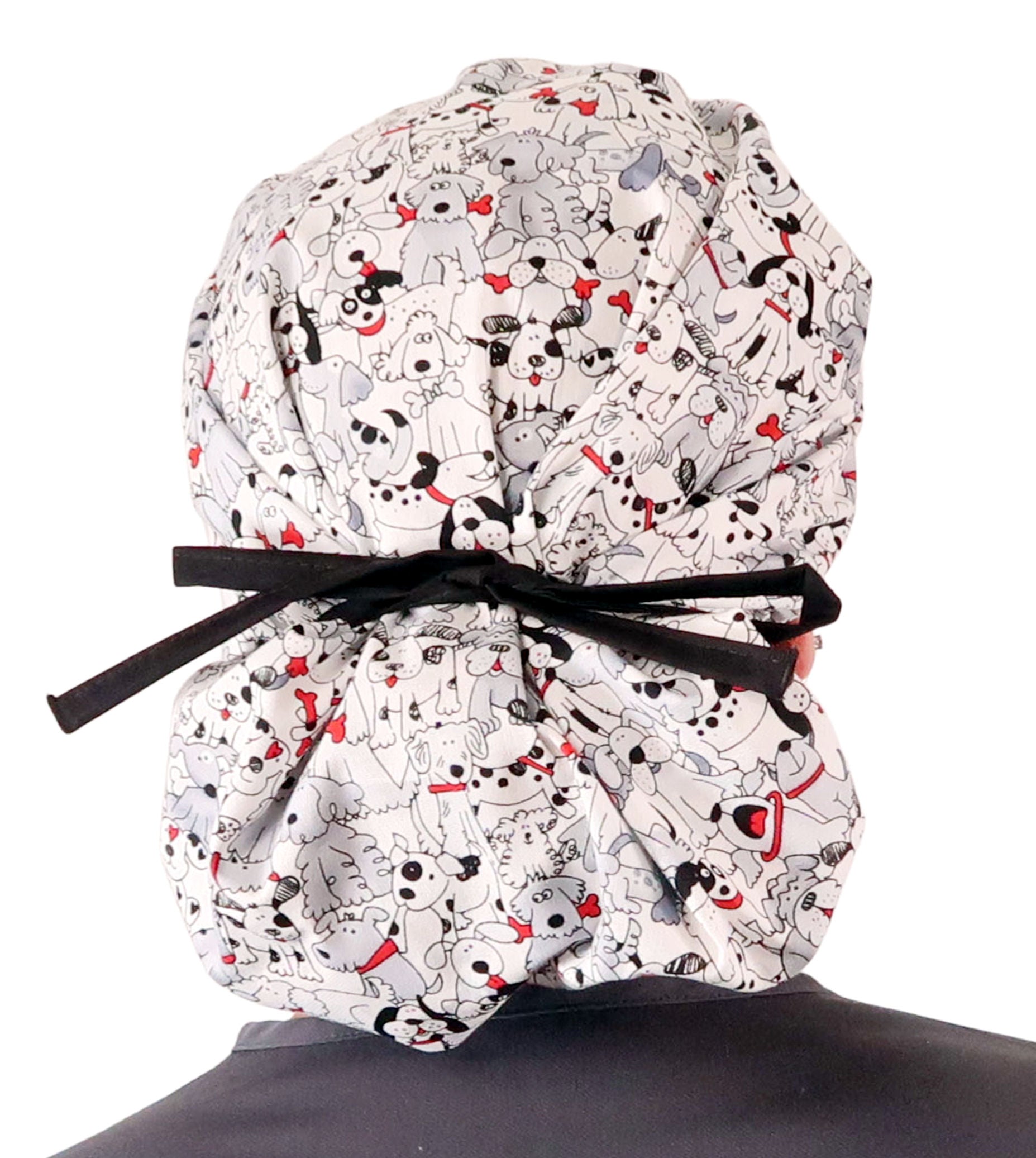 Stylish American Made Banded Bouffant Ponytail Scrub Cap - Playful Puppies with Black Ties Banded Bouffant Surgical