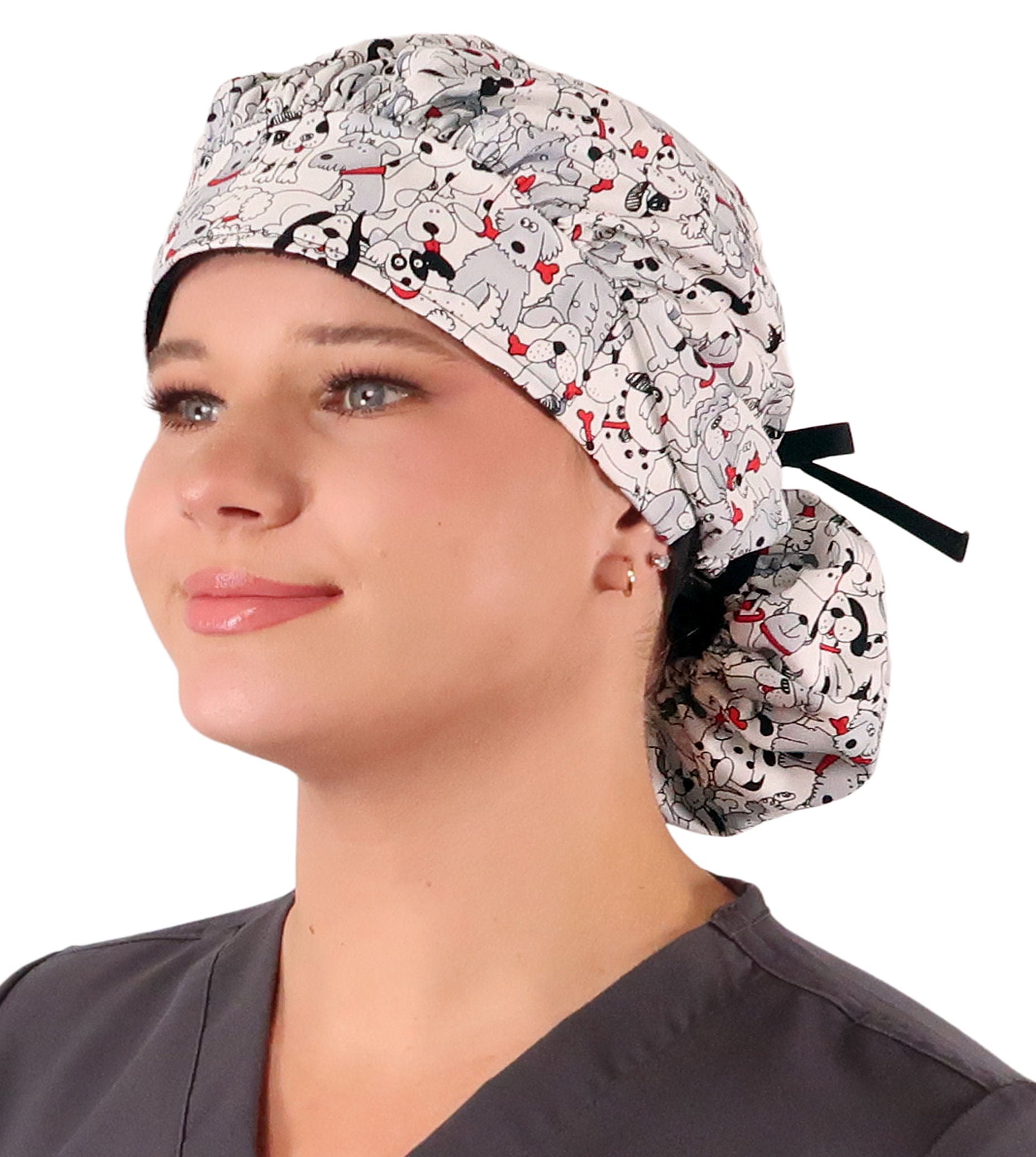 Stylish American Made Banded Bouffant Ponytail Scrub Cap - Playful Puppies with Black Ties Banded Bouffant Surgical