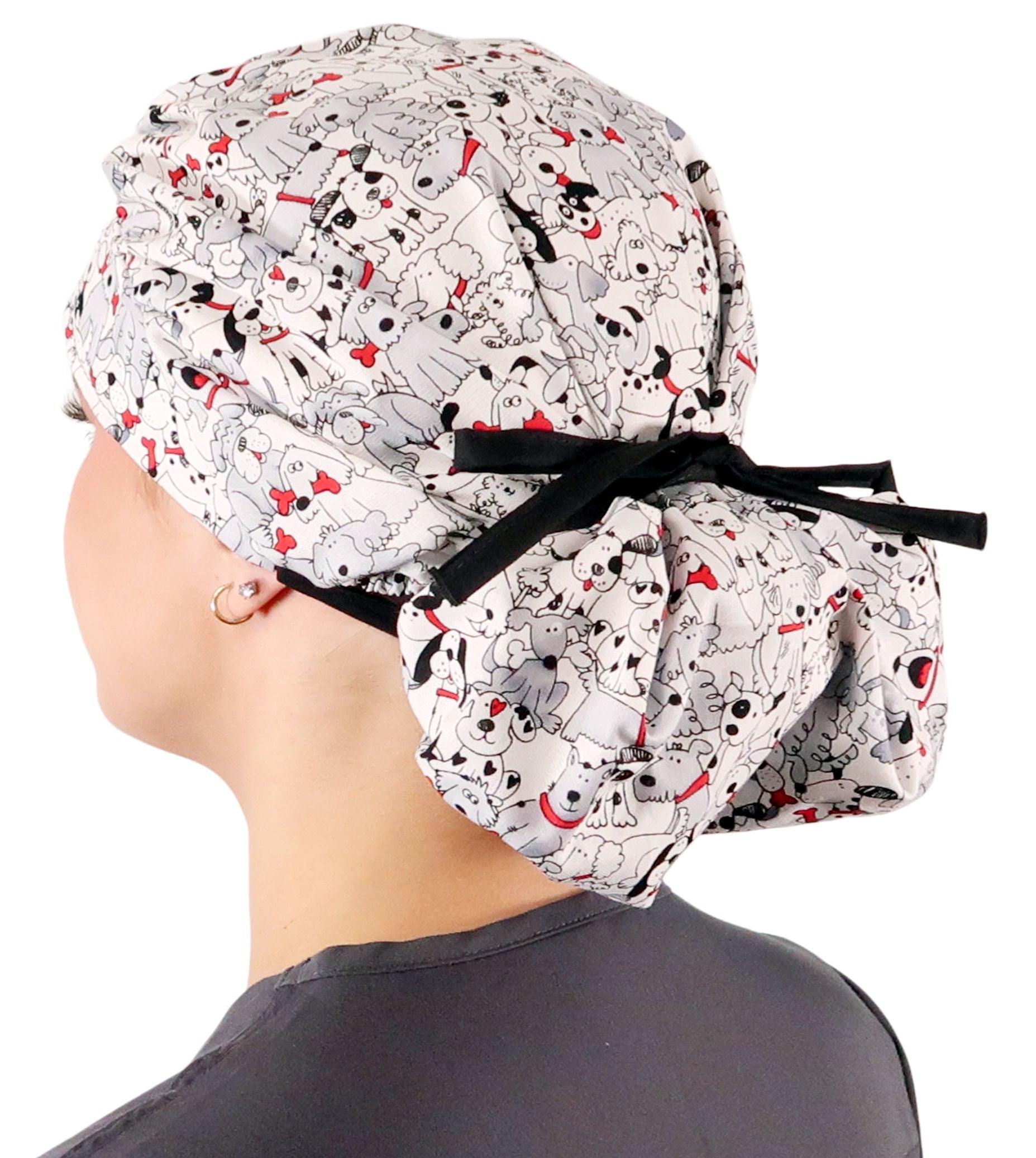 Stylish American Made Banded Bouffant Ponytail Scrub Cap - Playful Puppies with Black Ties Banded Bouffant Surgical