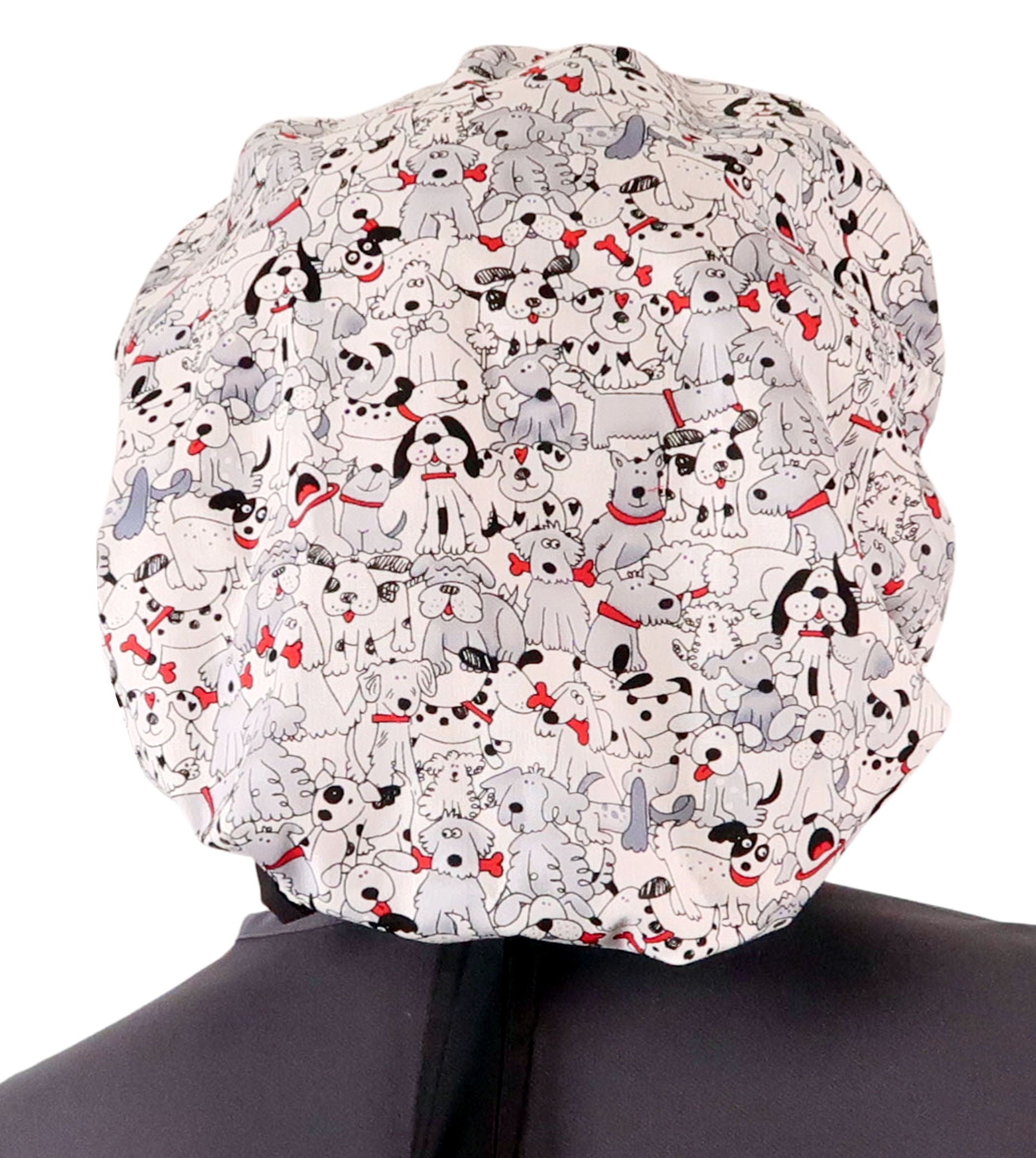 Stylish American Made Banded Bouffant Ponytail Scrub Cap - Playful Puppies with Black Ties Banded Bouffant Surgical